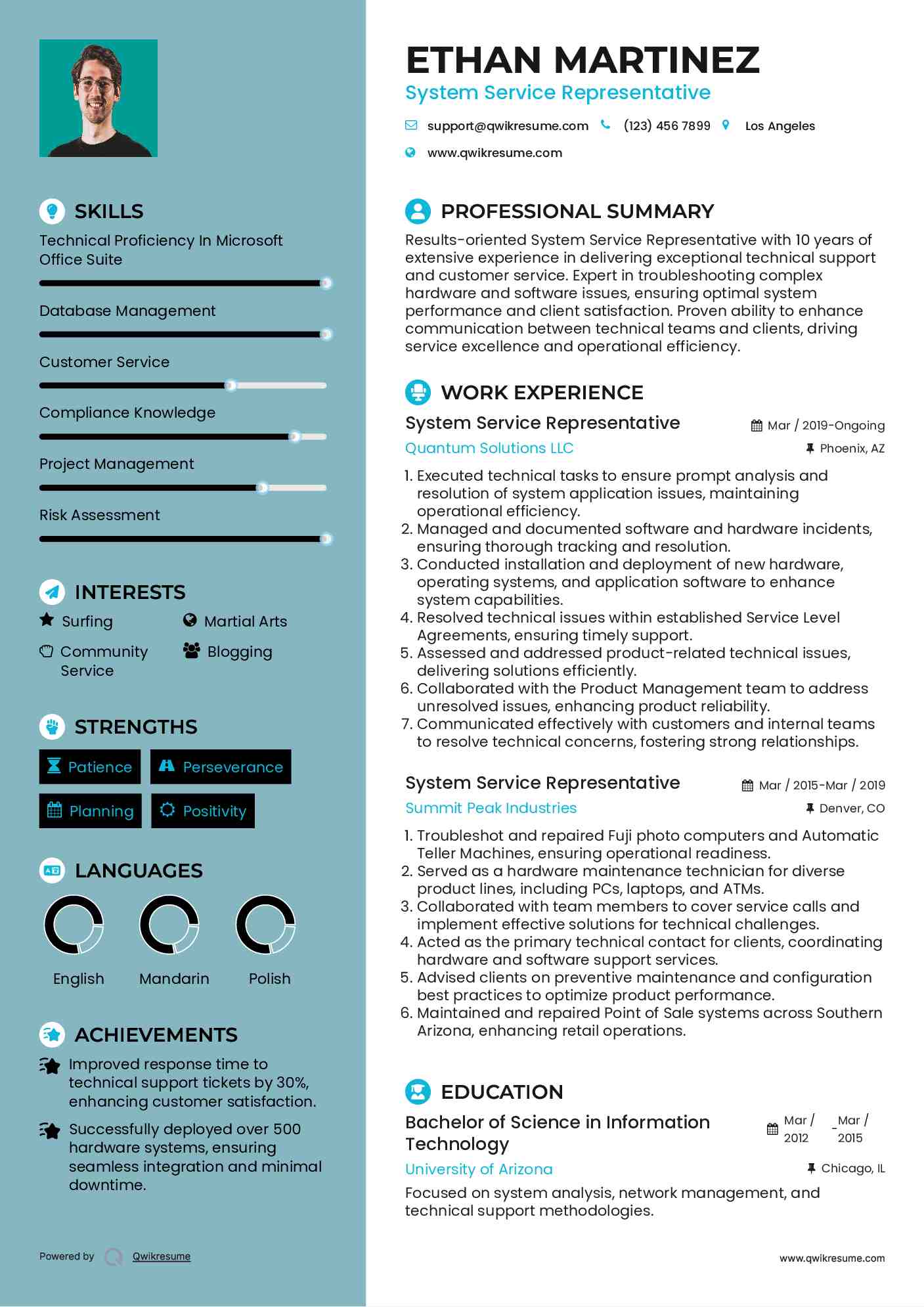 System Service Representative Resume Model