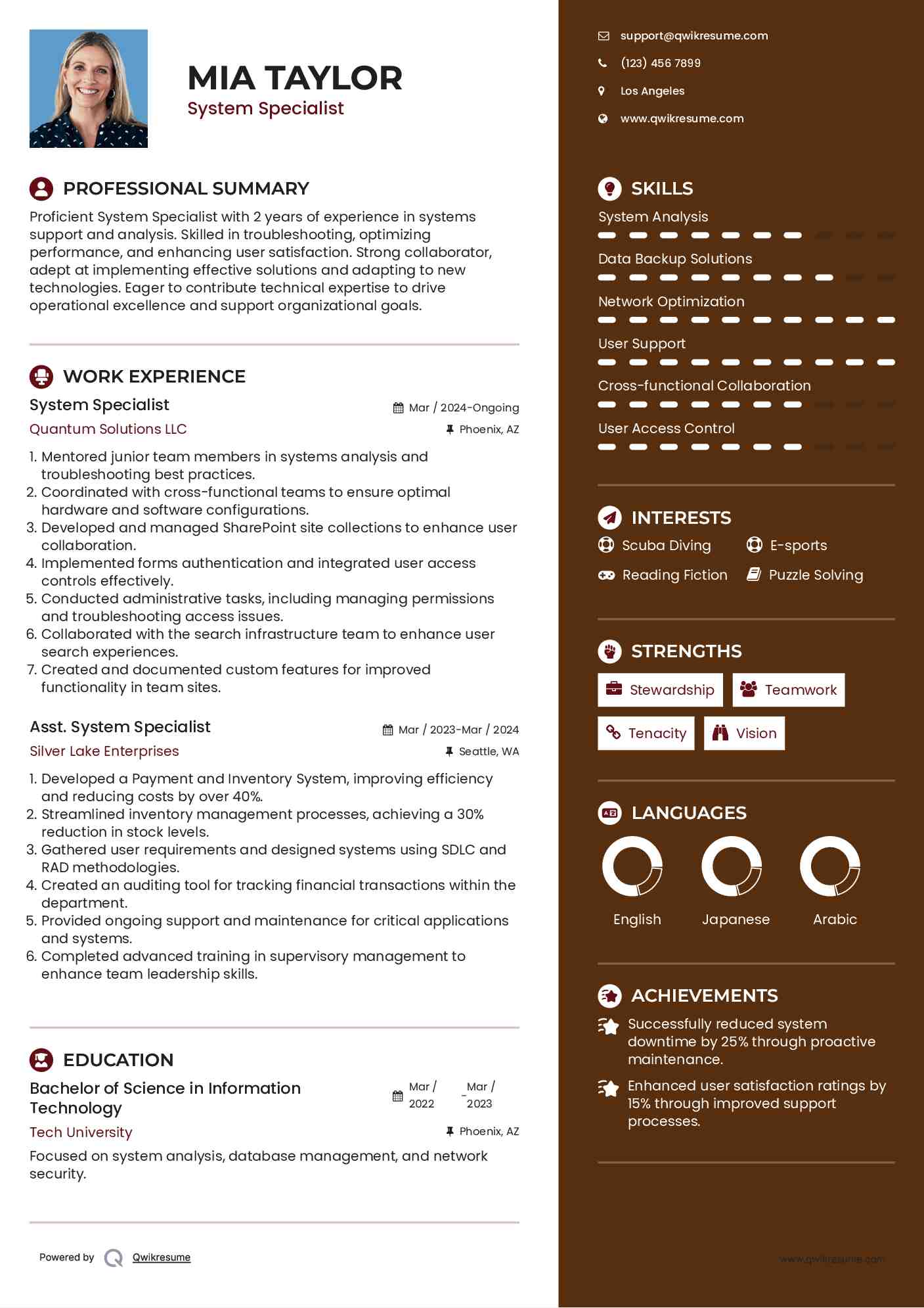 System Specialist Resume Samples QwikResume