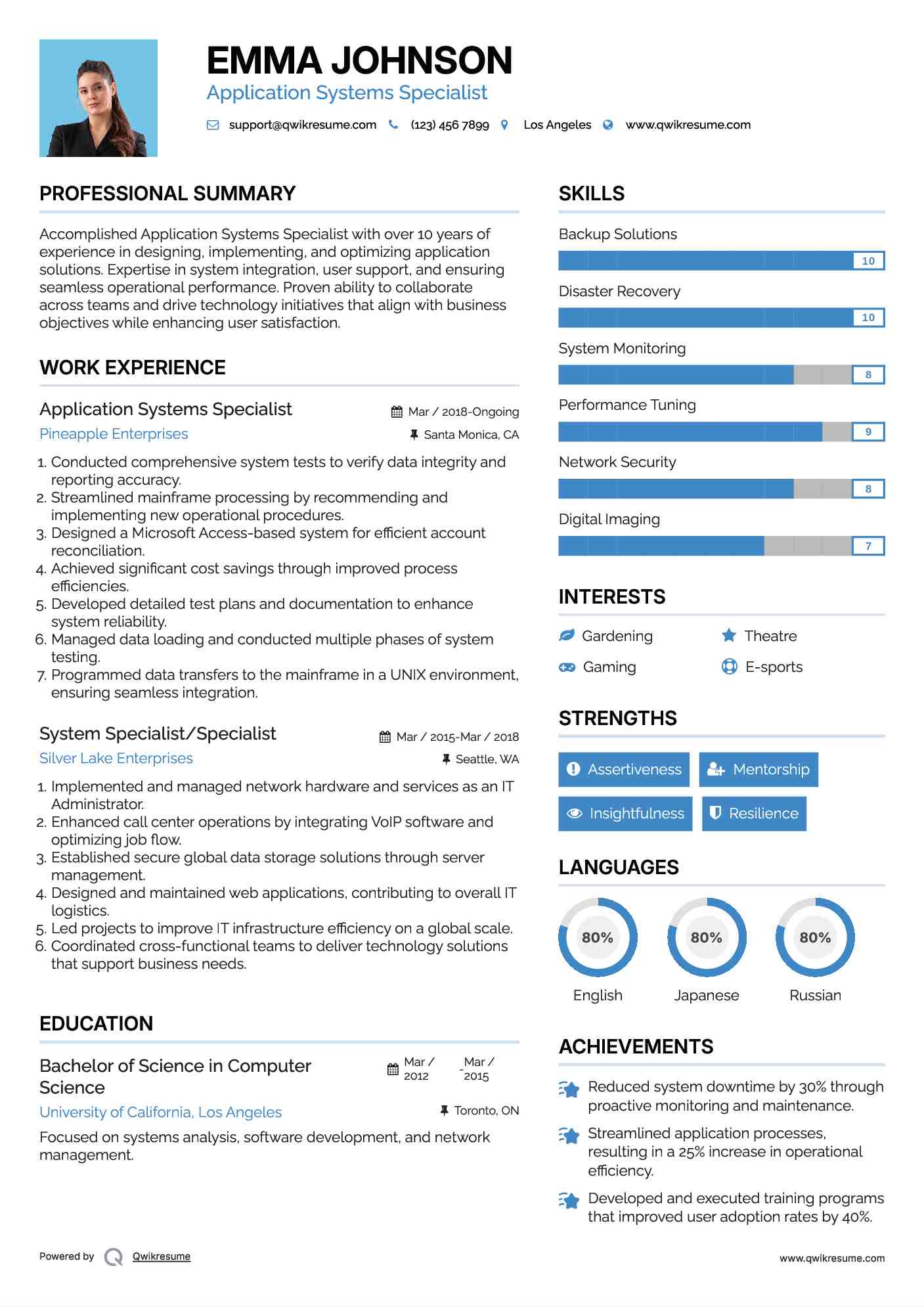 Application Systems Specialist Resume Model
