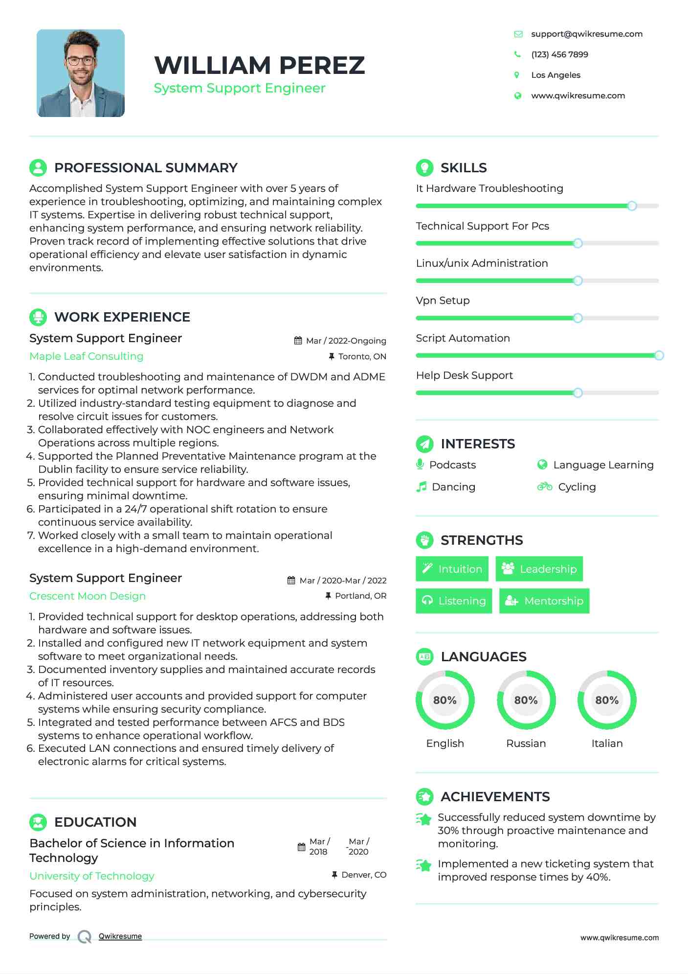 System Support Engineer Resume Template