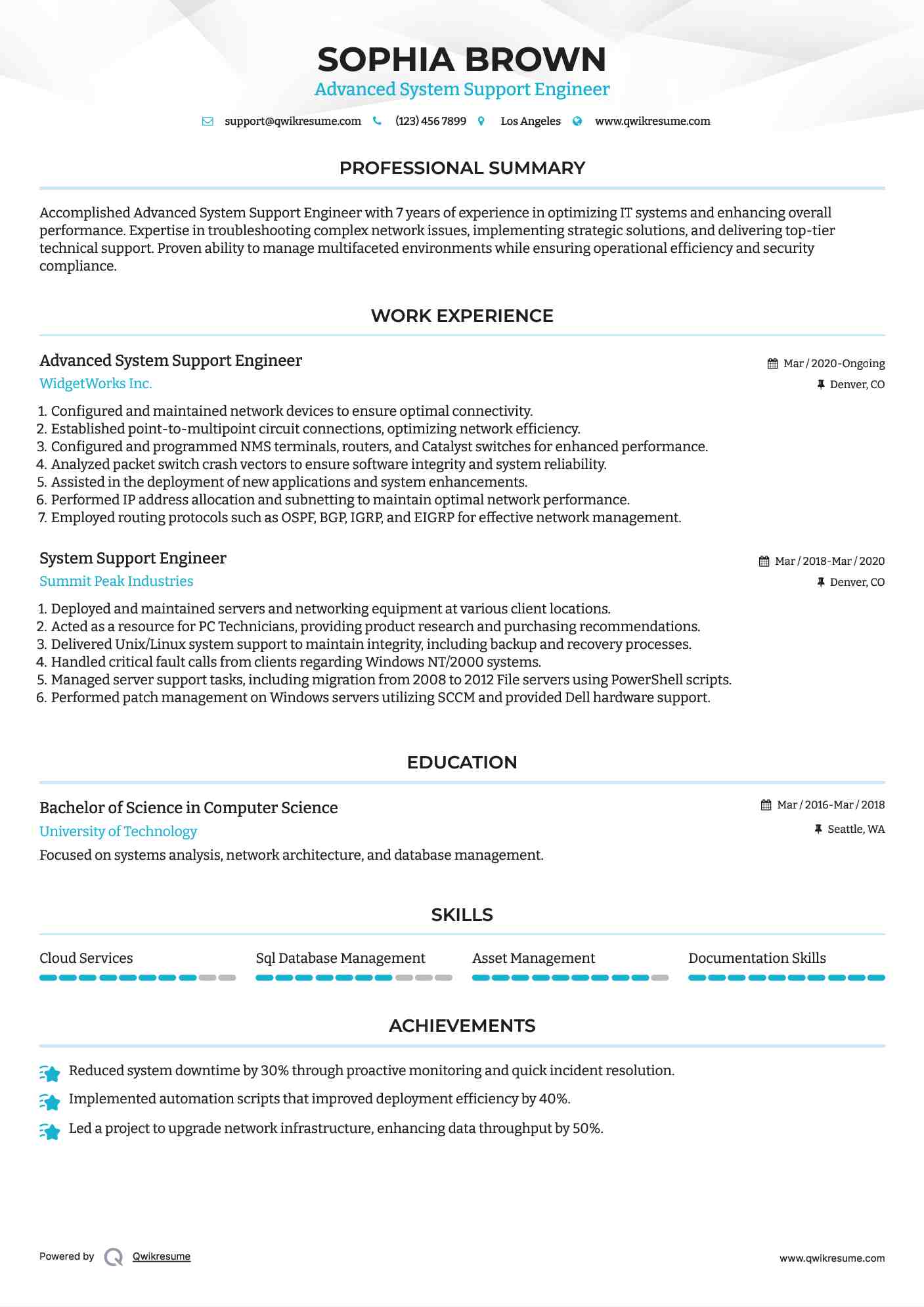 Advanced System Support Engineer Resume Example