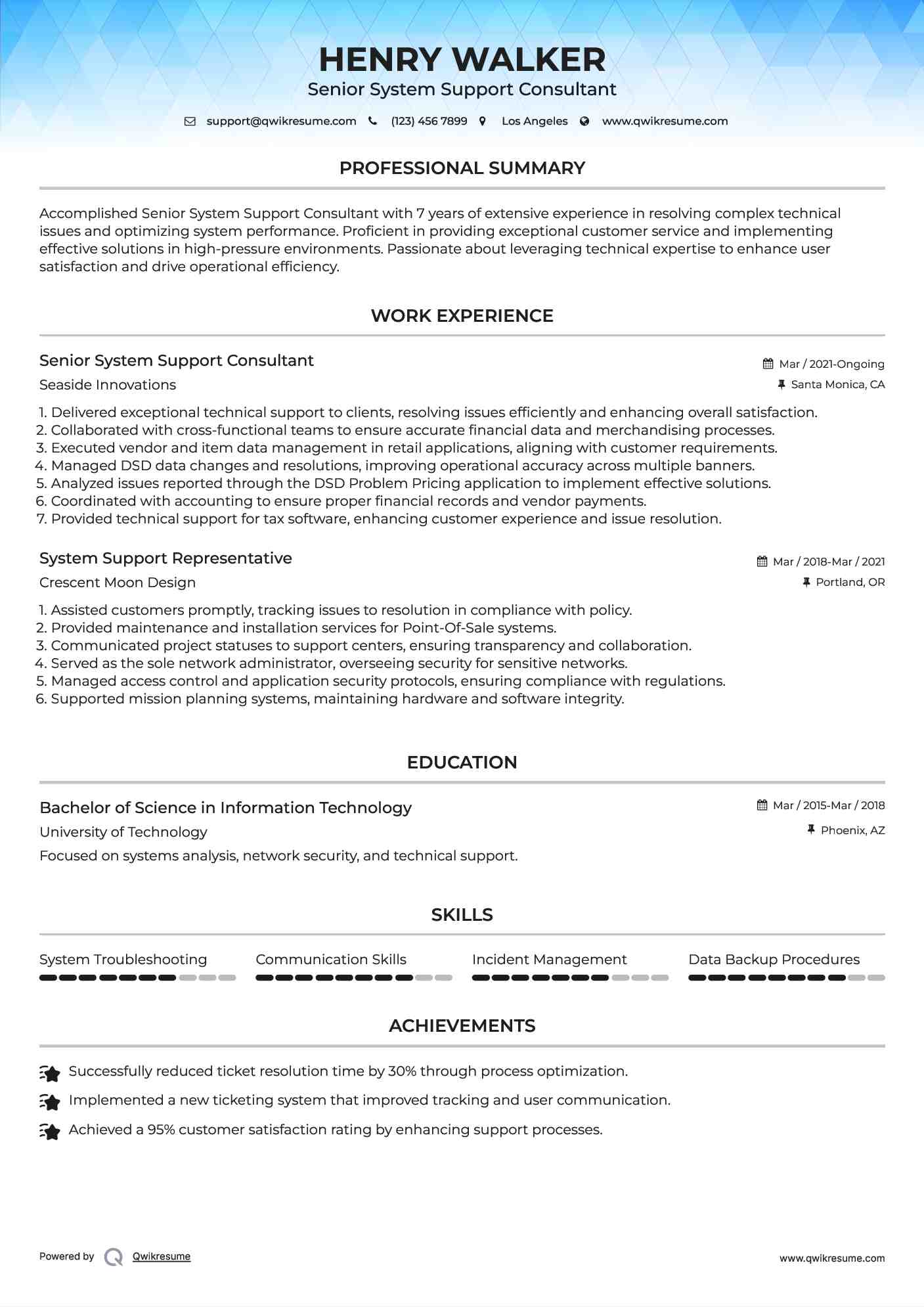 Senior System Support Consultant Resume Template