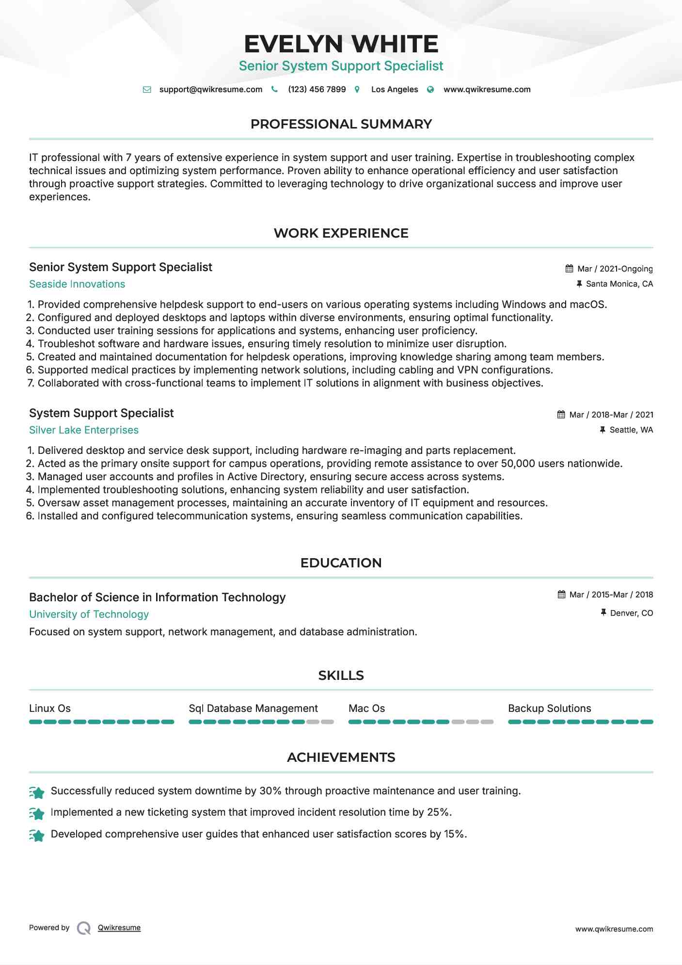 Senior System Support Specialist Resume Example