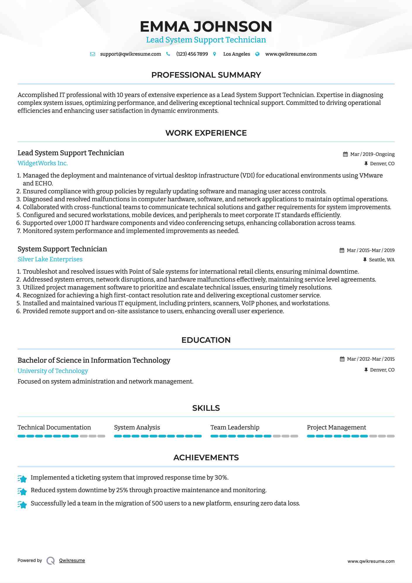 Lead System Support Technician Resume Format