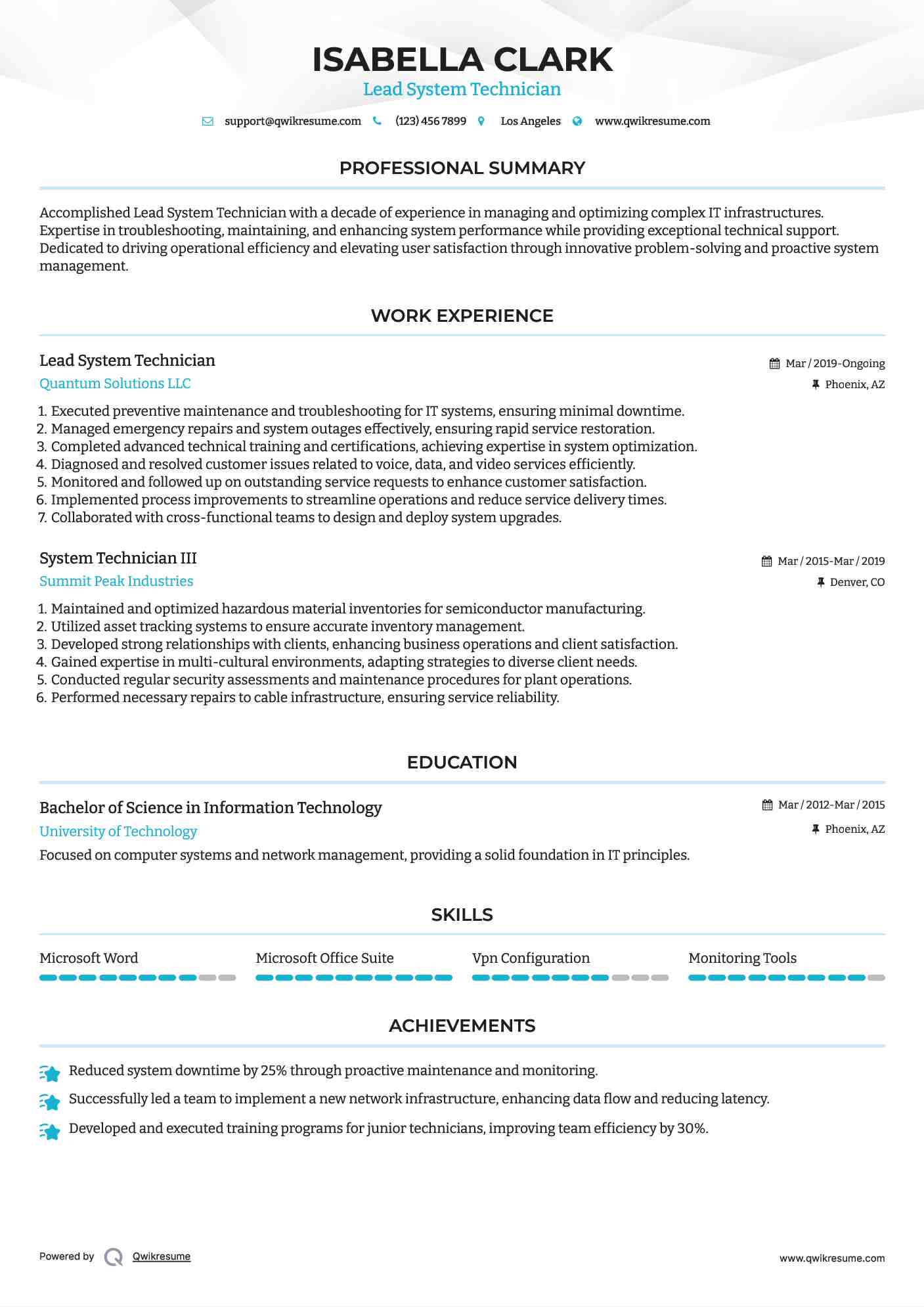Lead System Technician Resume Model