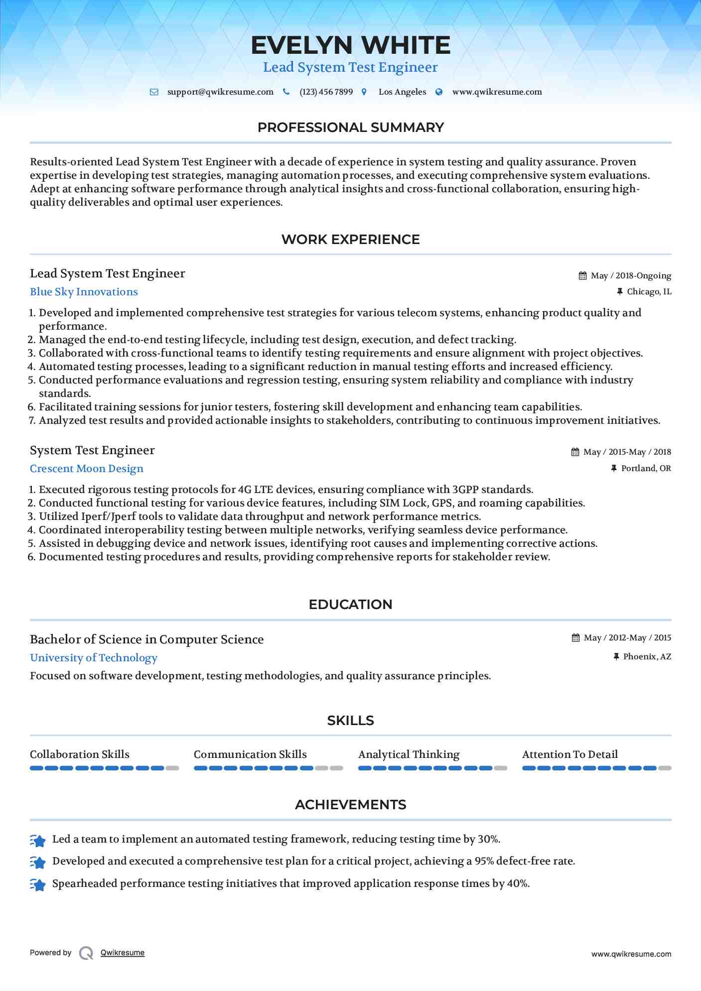 Lead System Test Engineer Resume Format