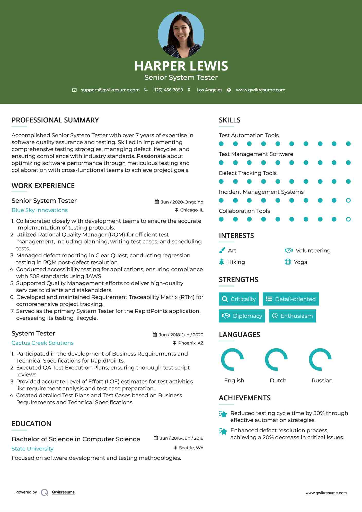 Senior System Tester Resume Format