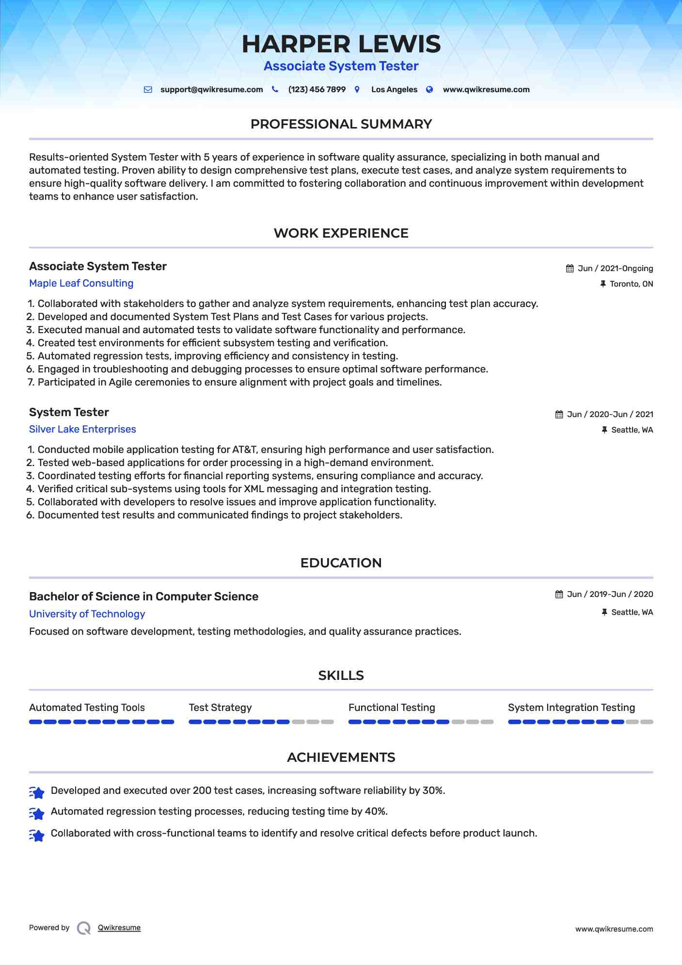Associate System Tester Resume Format