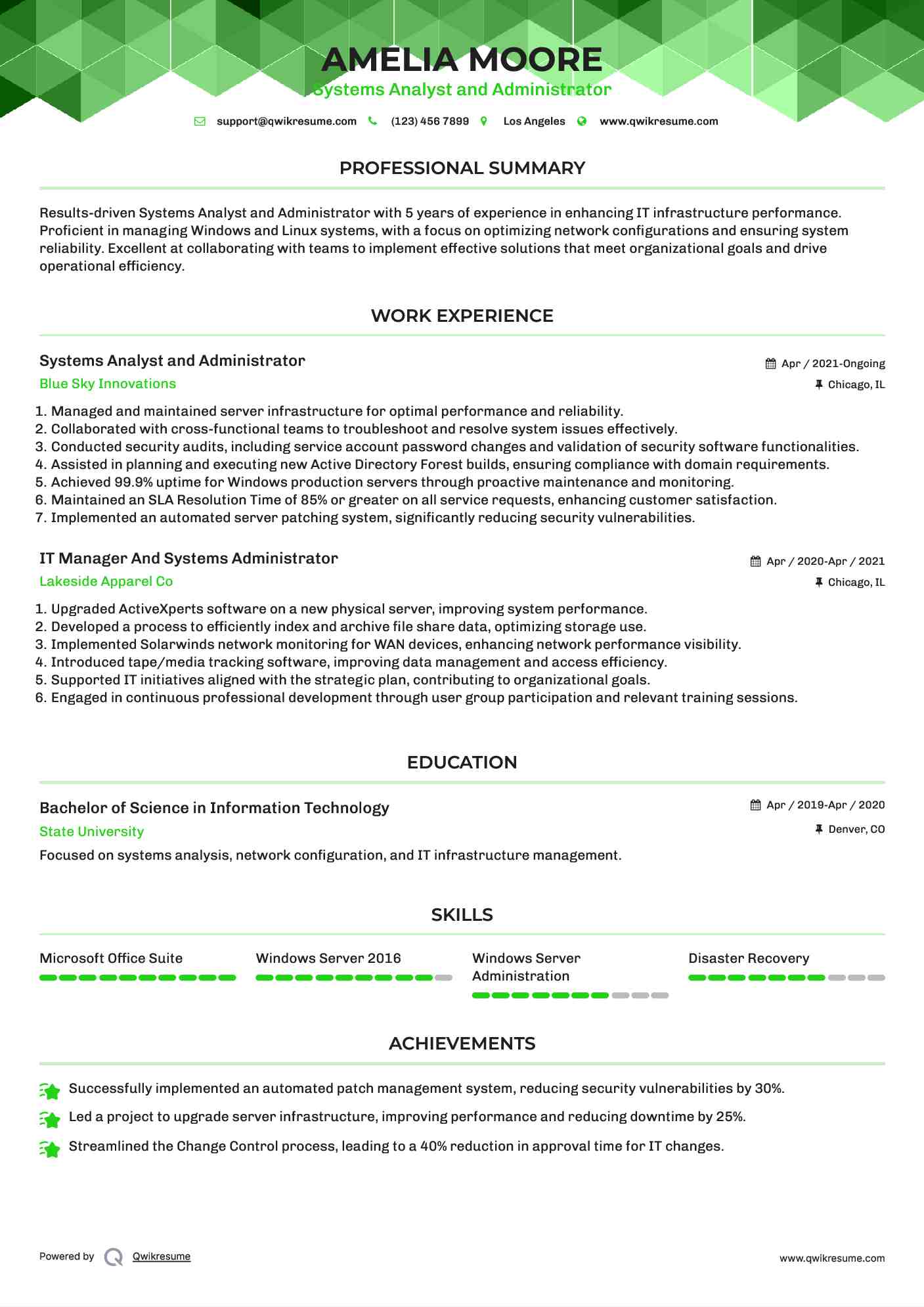 Systems Analyst and Administrator Resume Sample