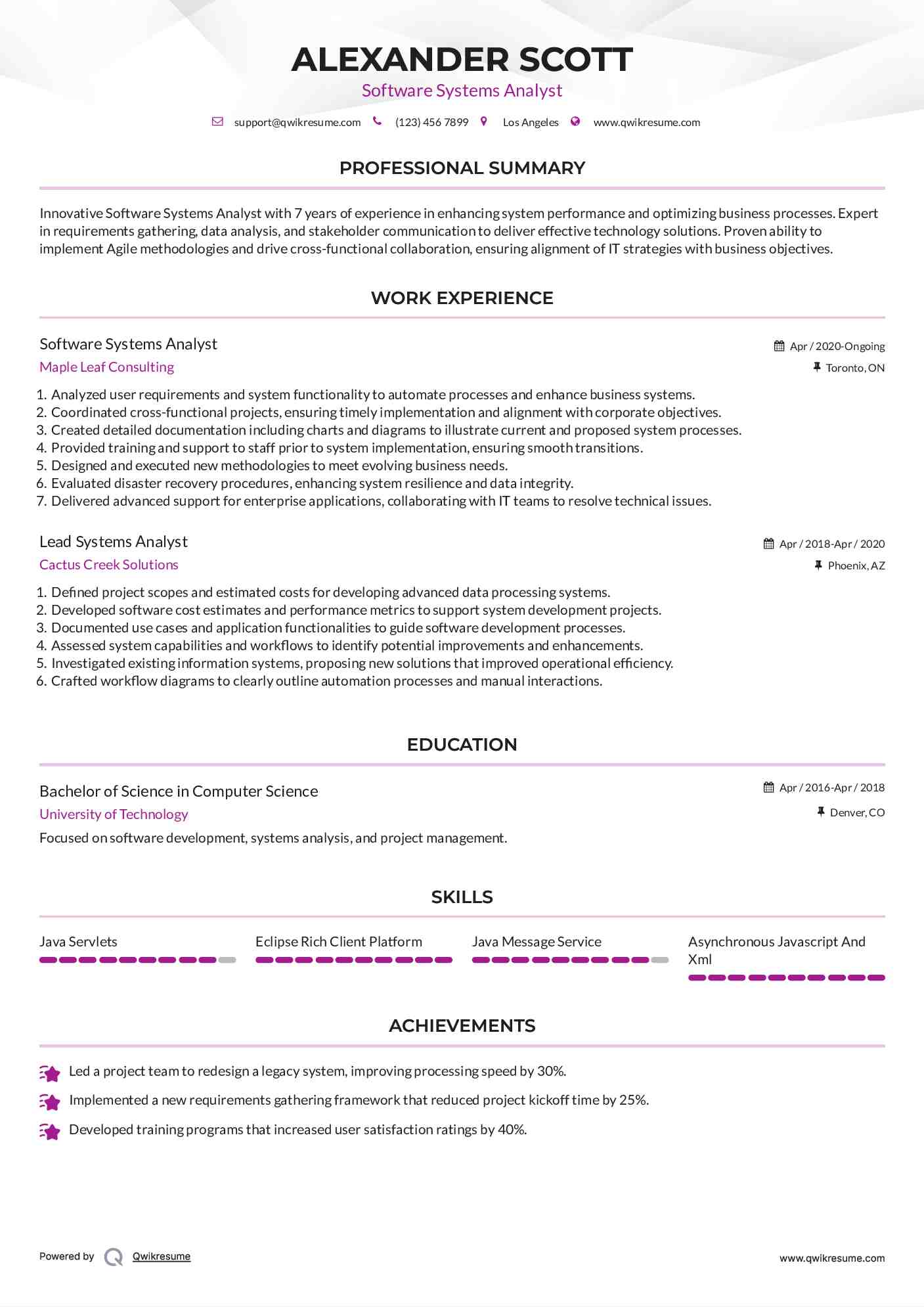 Software Systems Analyst Resume Sample