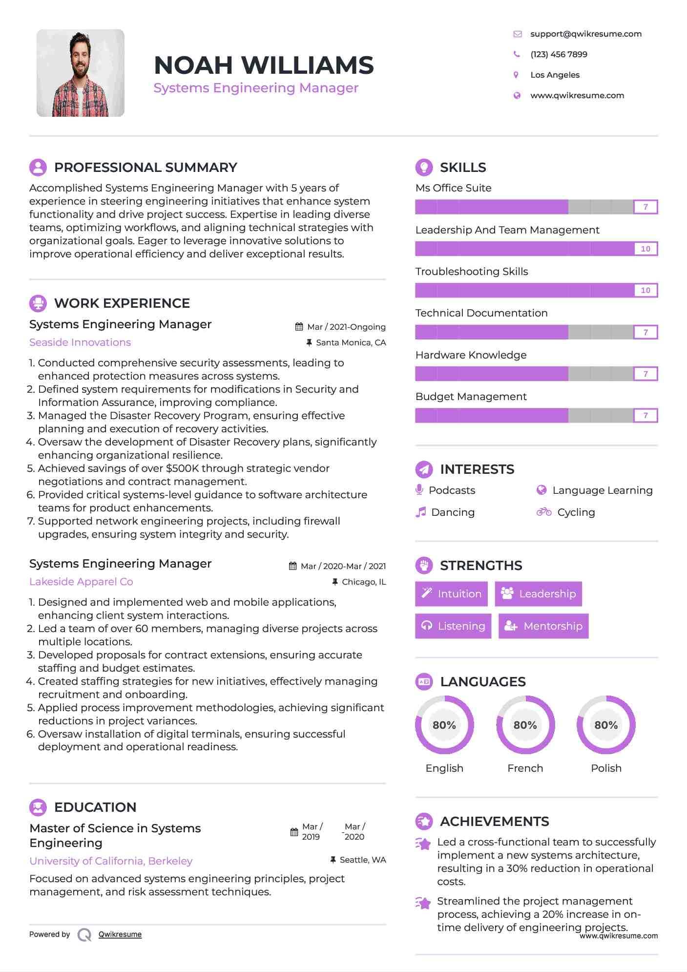 Systems Engineering Manager Resume Sample