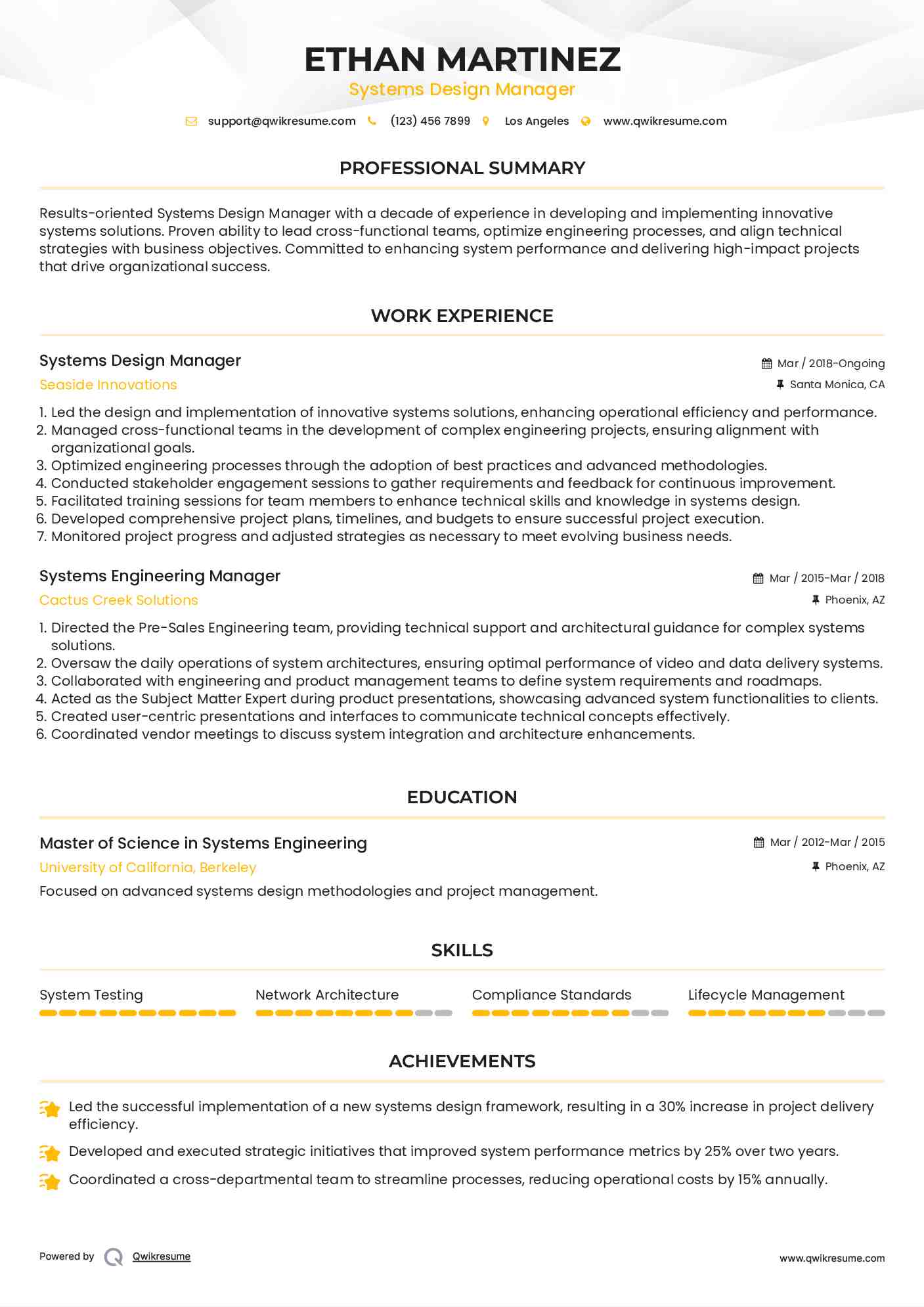 Systems Design Manager Resume Sample