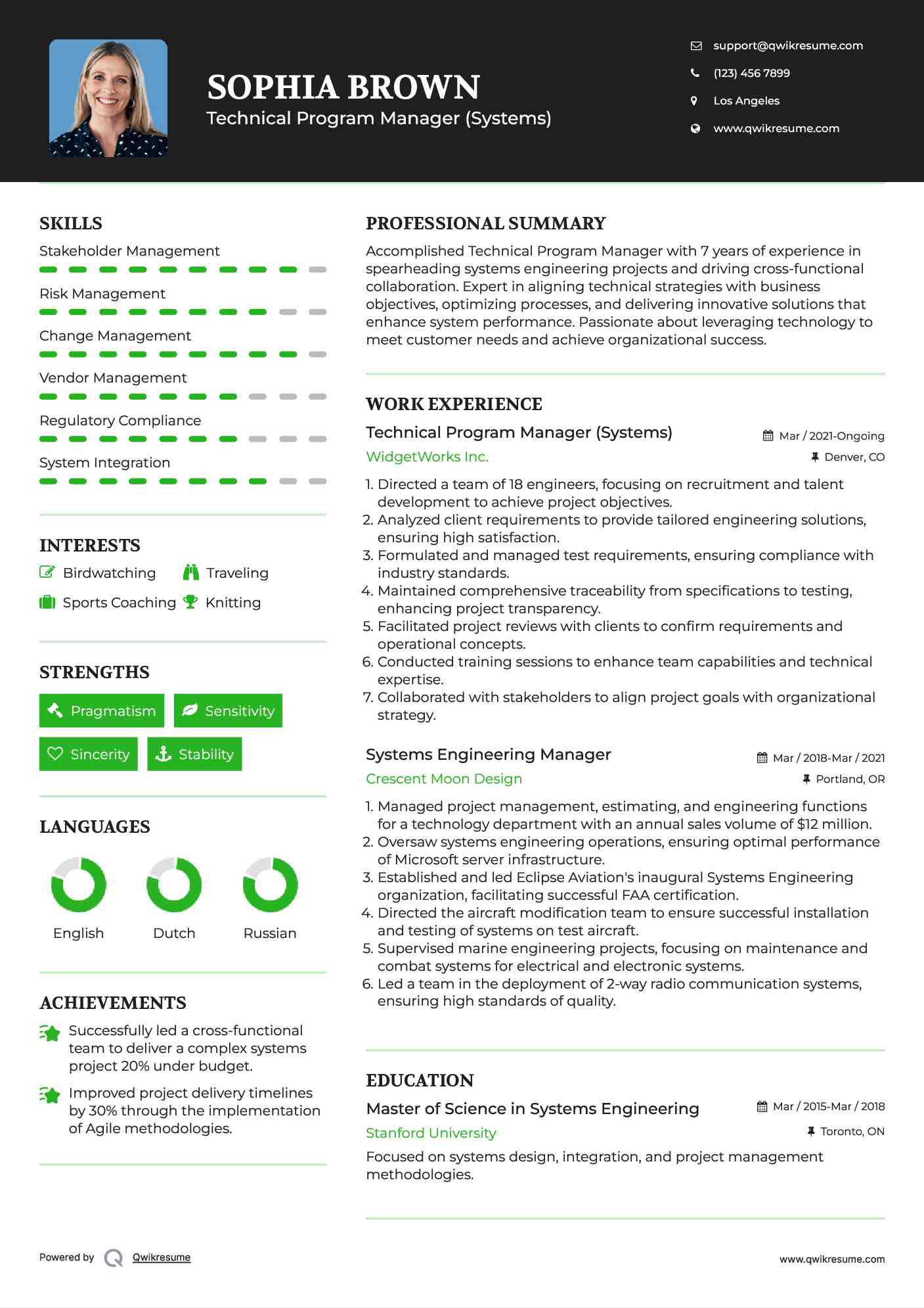 Technical Program Manager (Systems) Resume Example