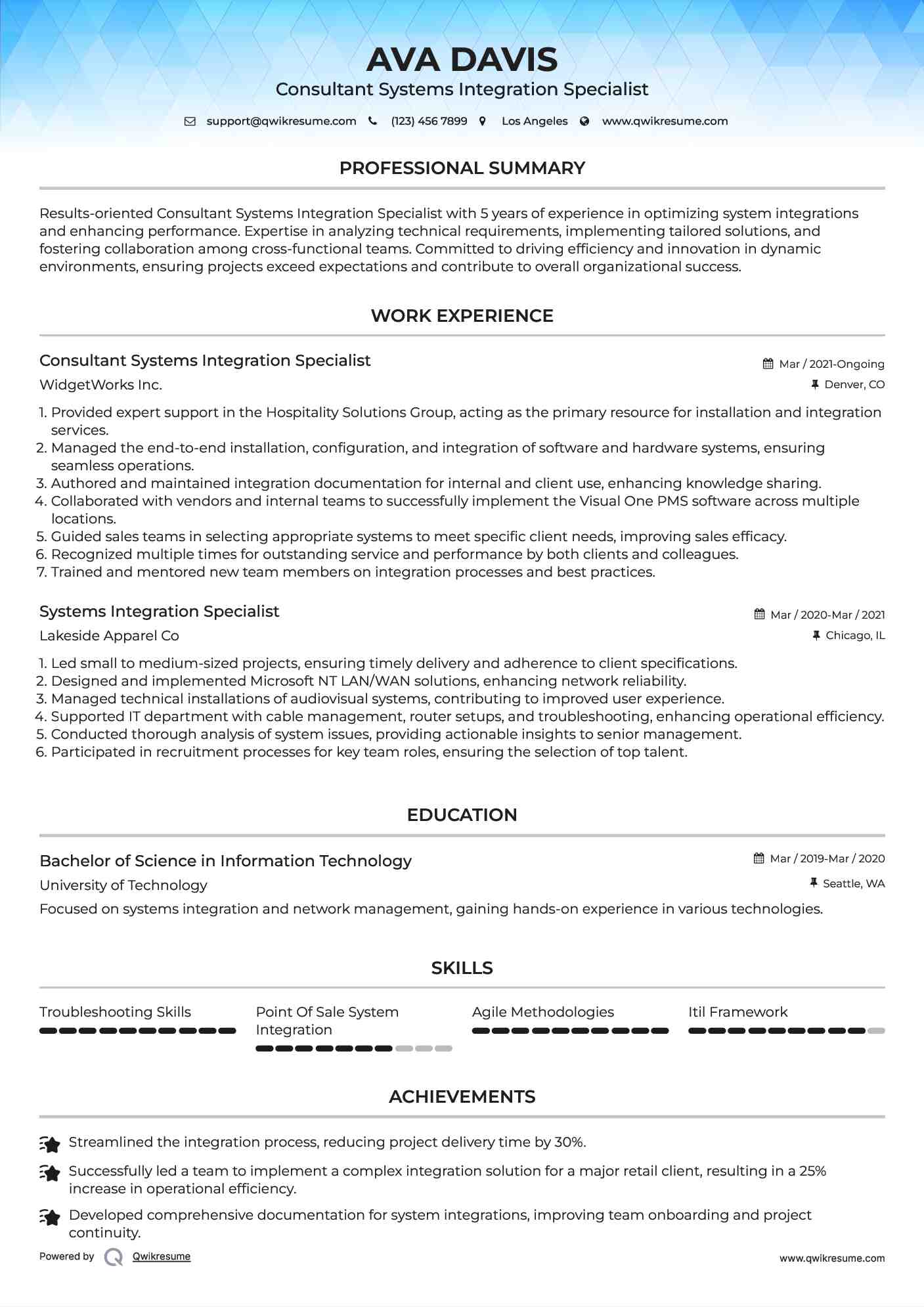 Consultant Systems Integration Specialist Resume Model