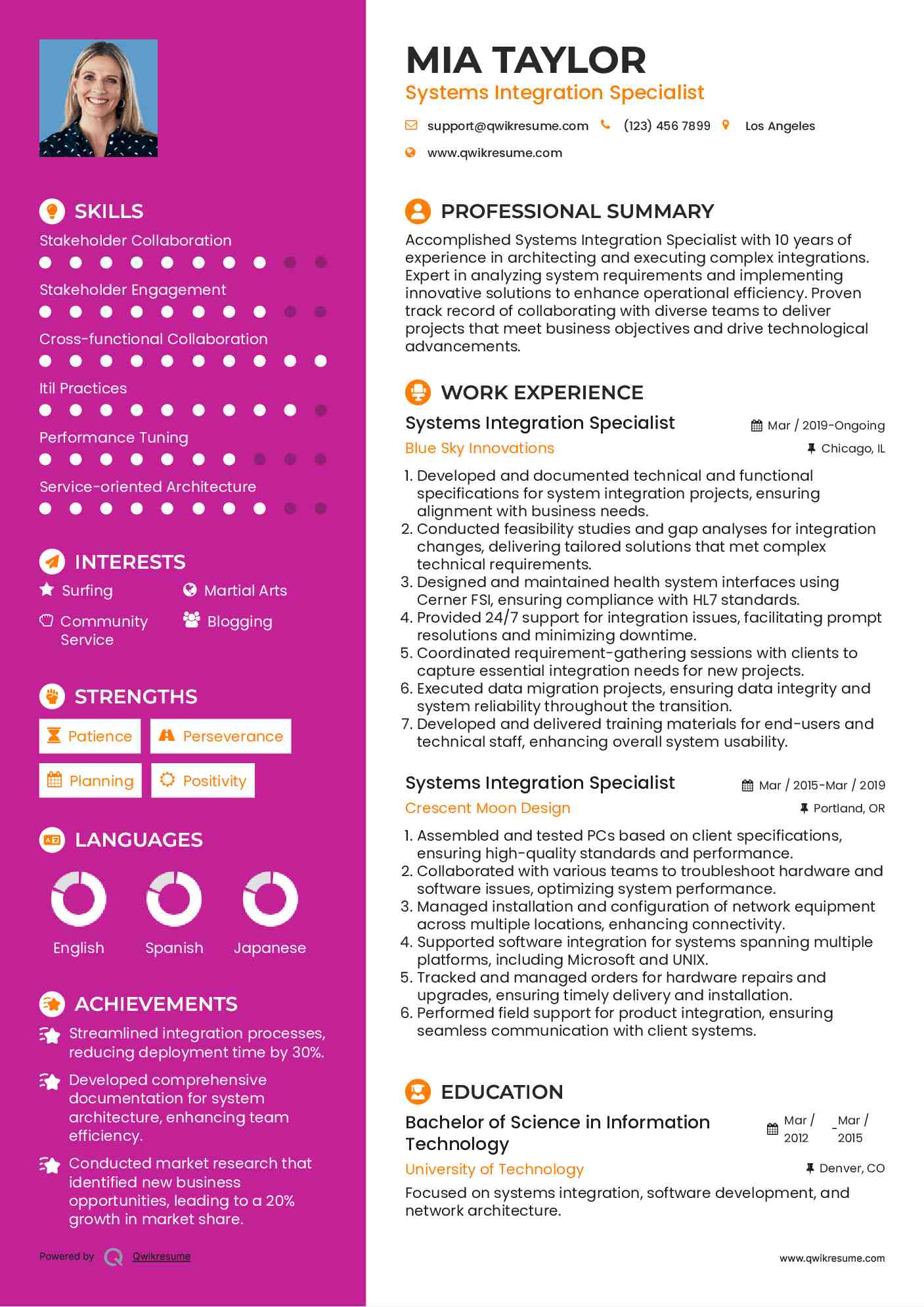 Systems Integration Specialist Resume Format