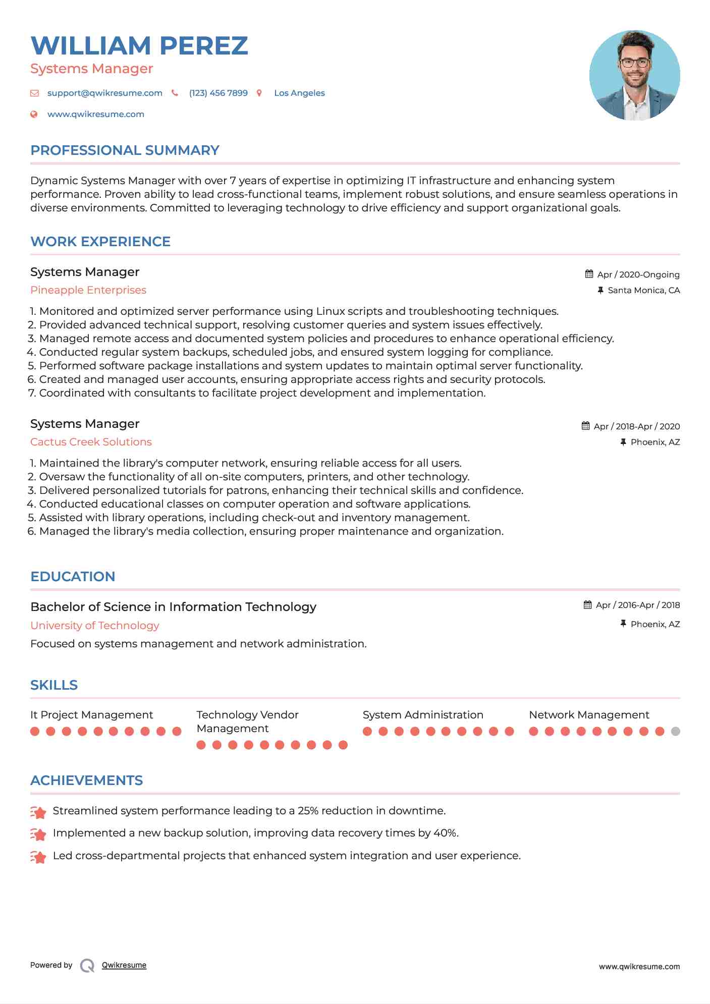Systems Manager Resume Format