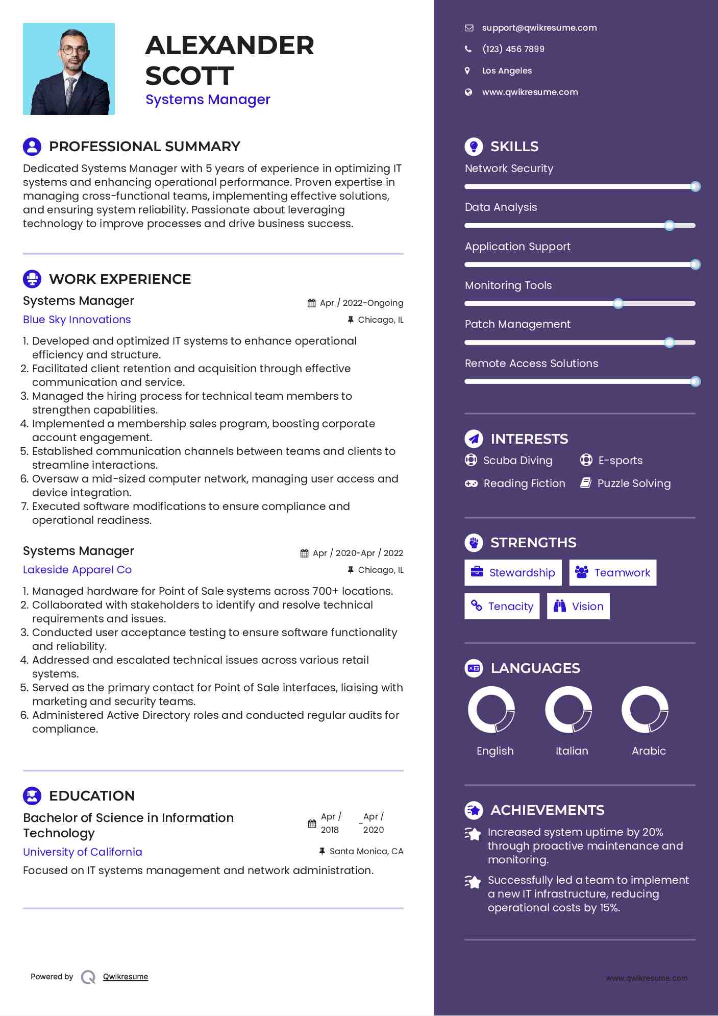 Systems Manager Resume Sample