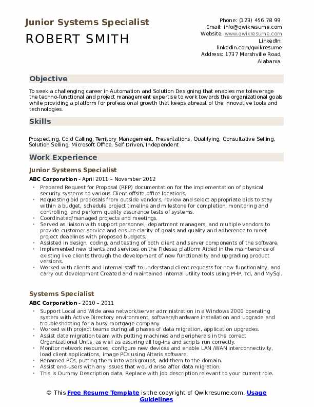 Systems Specialist Resume Samples QwikResume