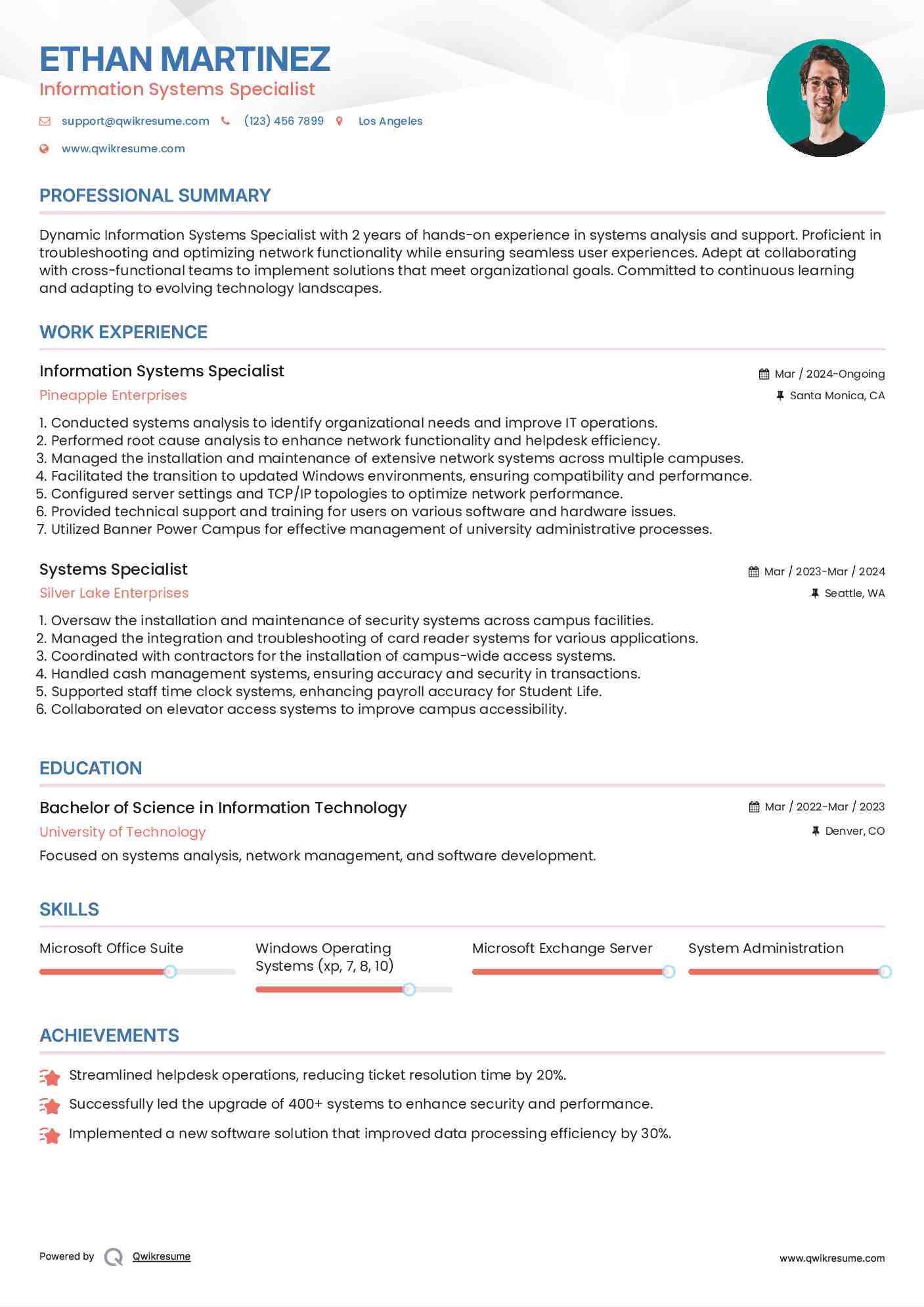 Information Systems Specialist Resume Format