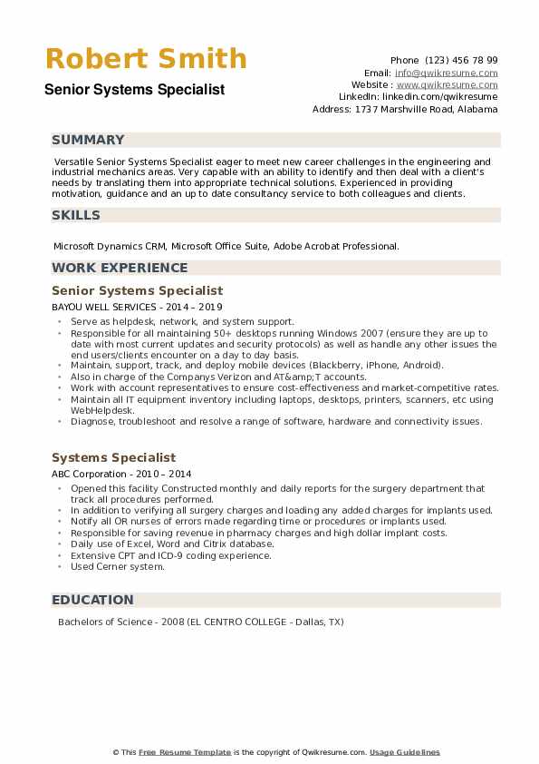 Systems Specialist Resume Samples QwikResume