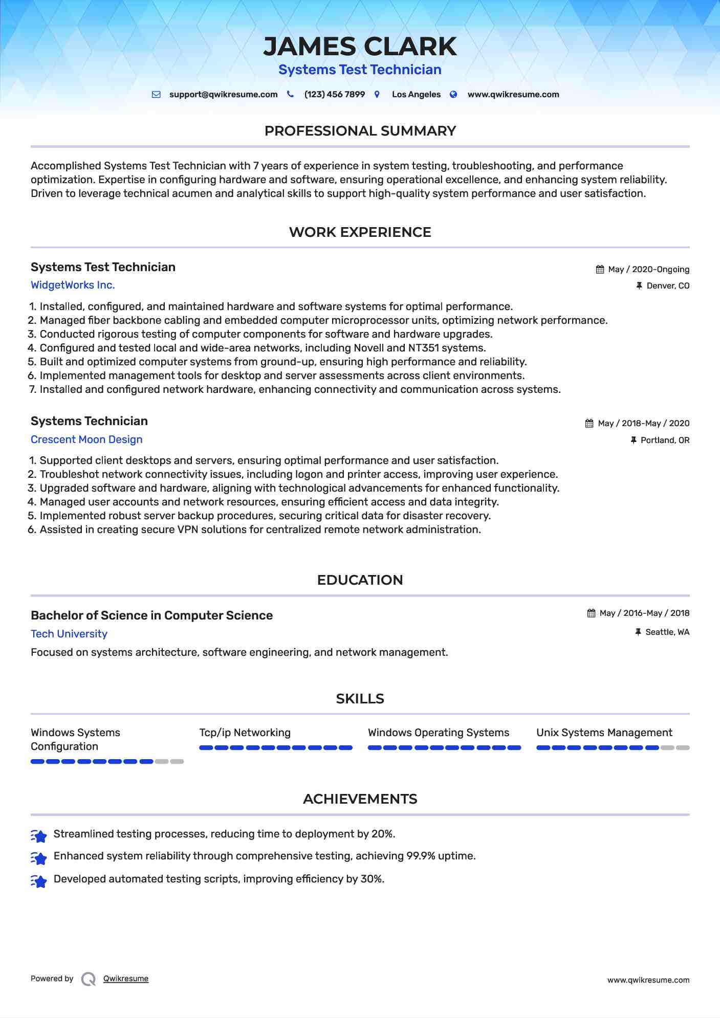 Systems Test Technician Resume Model