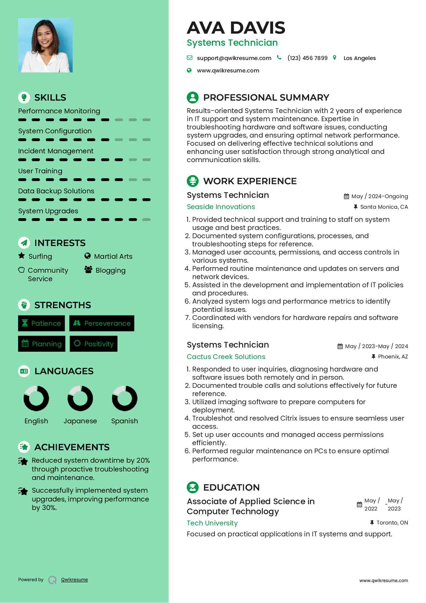 Systems Technician Resume Sample