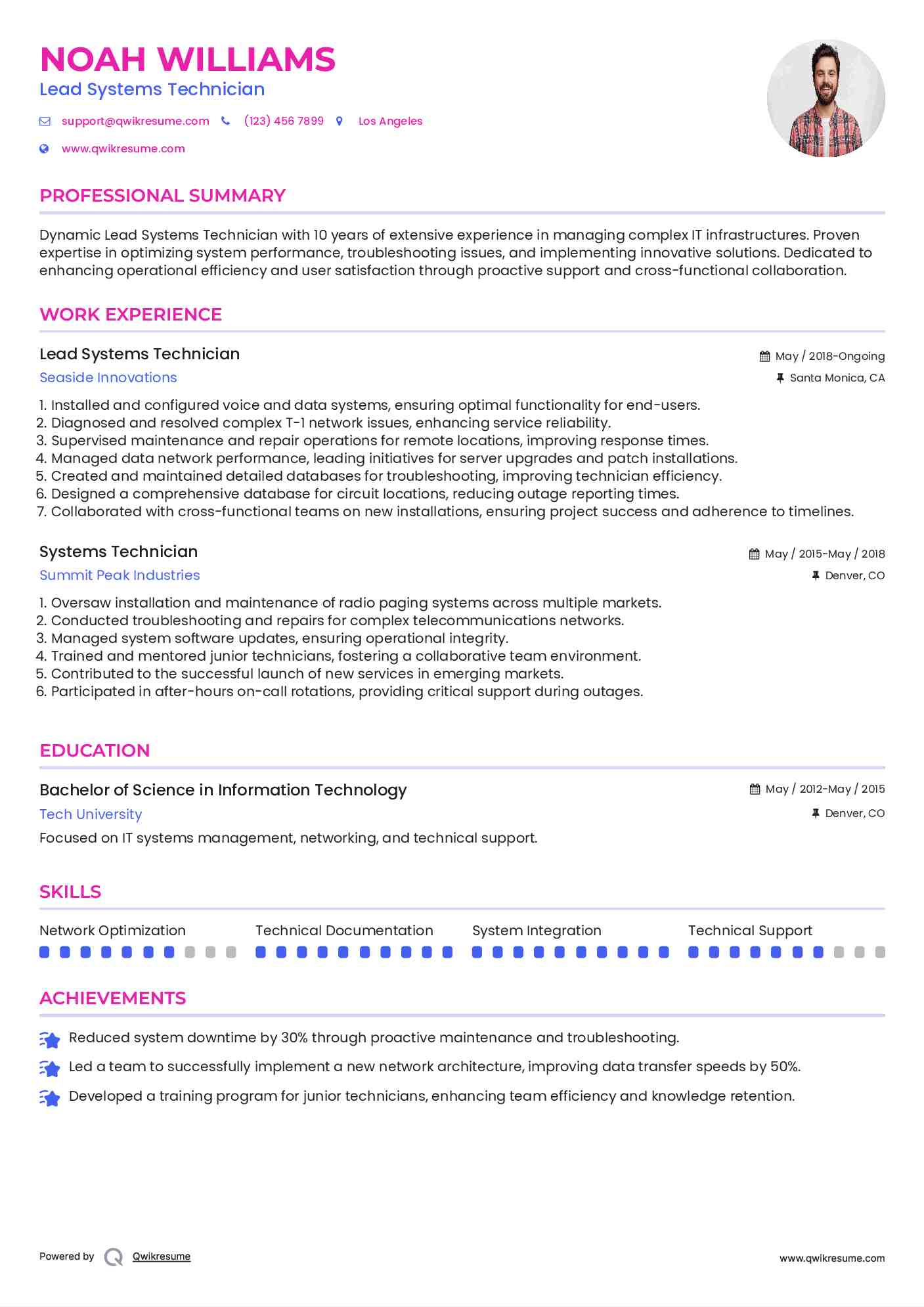 Lead Systems Technician  Resume Example