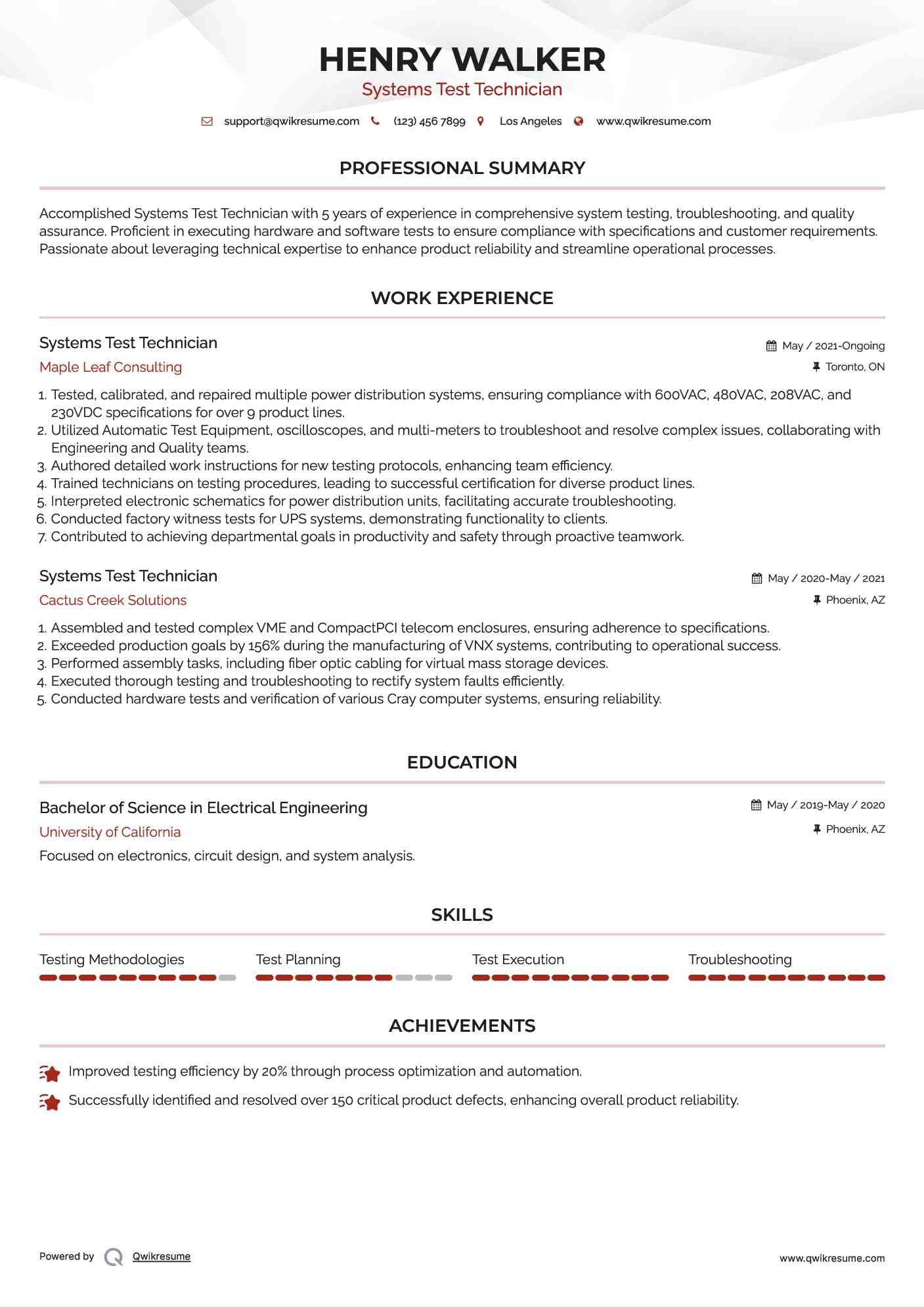 Systems Test Technician Resume Template