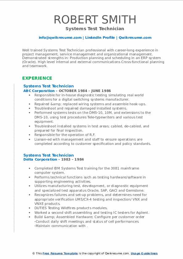 Systems Test Technician Resume Samples QwikResume