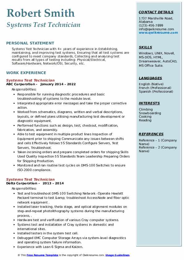 Systems Test Technician Resume Samples QwikResume