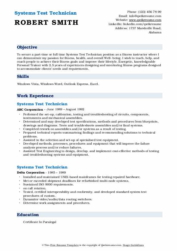 Systems Test Technician Resume Samples QwikResume