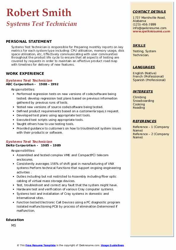 Systems Test Technician Resume Samples QwikResume