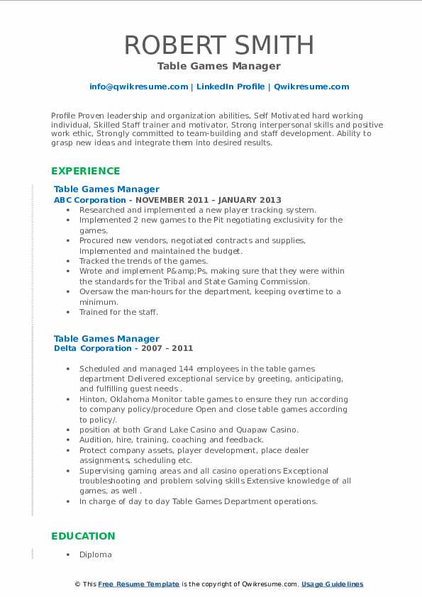 Table Games Manager Resume Samples QwikResume