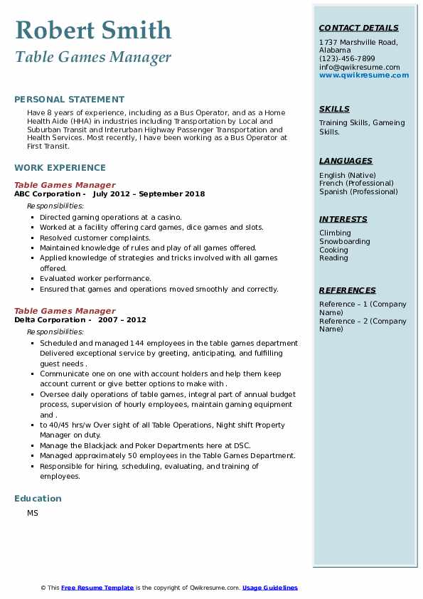 Table Games Manager Resume Samples QwikResume