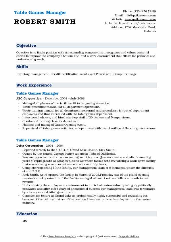 Table Games Manager Resume Samples QwikResume