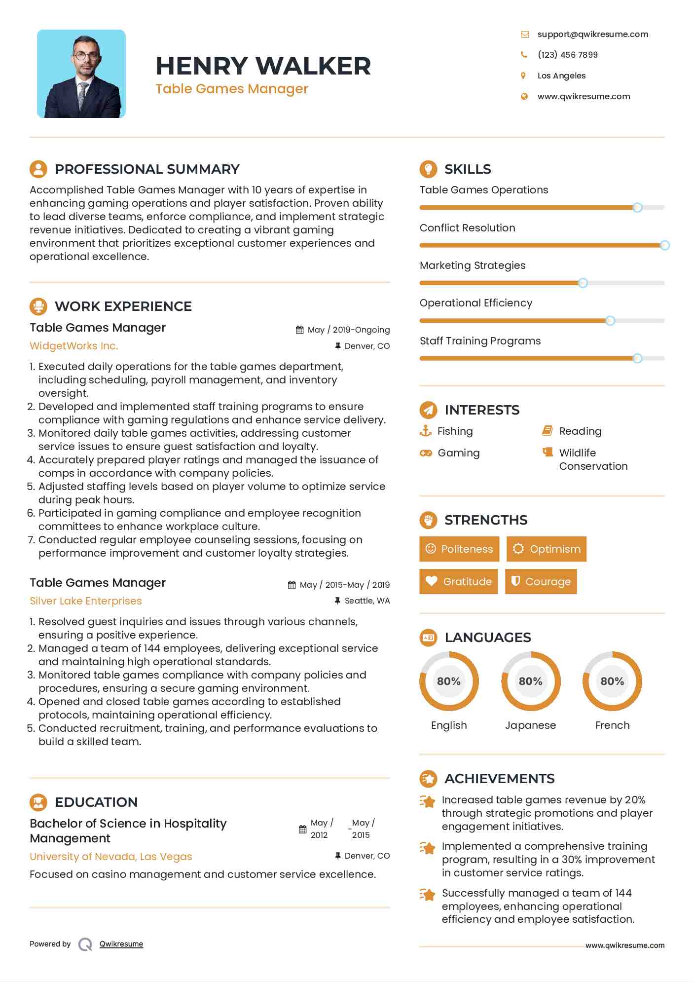 Table Games Manager Resume Samples QwikResume