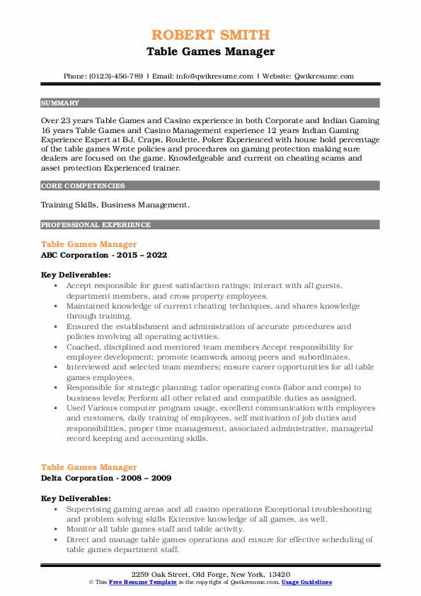 Table Games Manager Resume Samples QwikResume