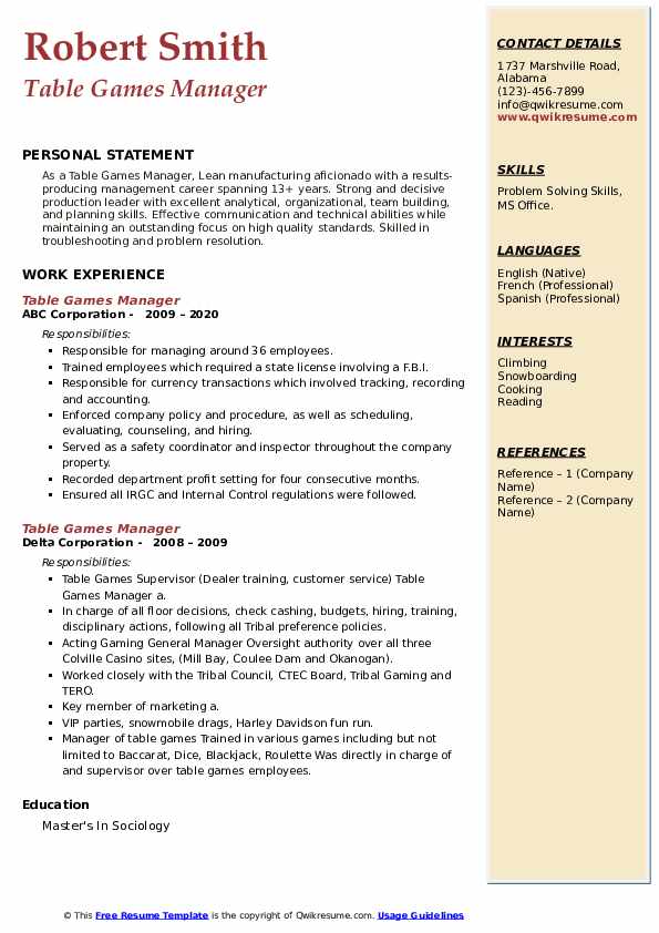 Table Games Manager Resume Samples QwikResume