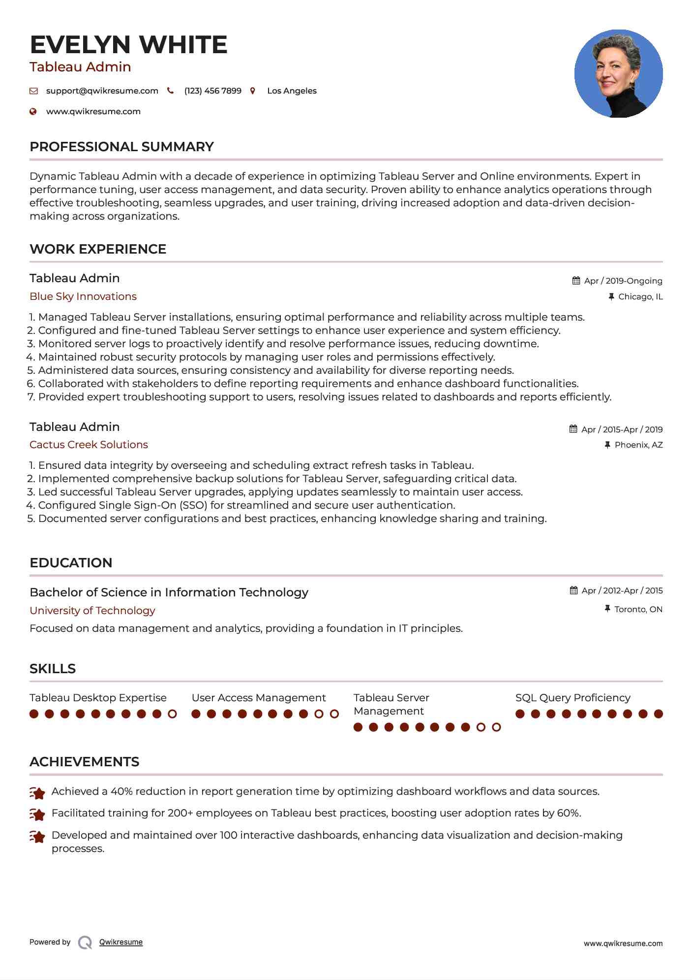 Tableau Admin Resume Example