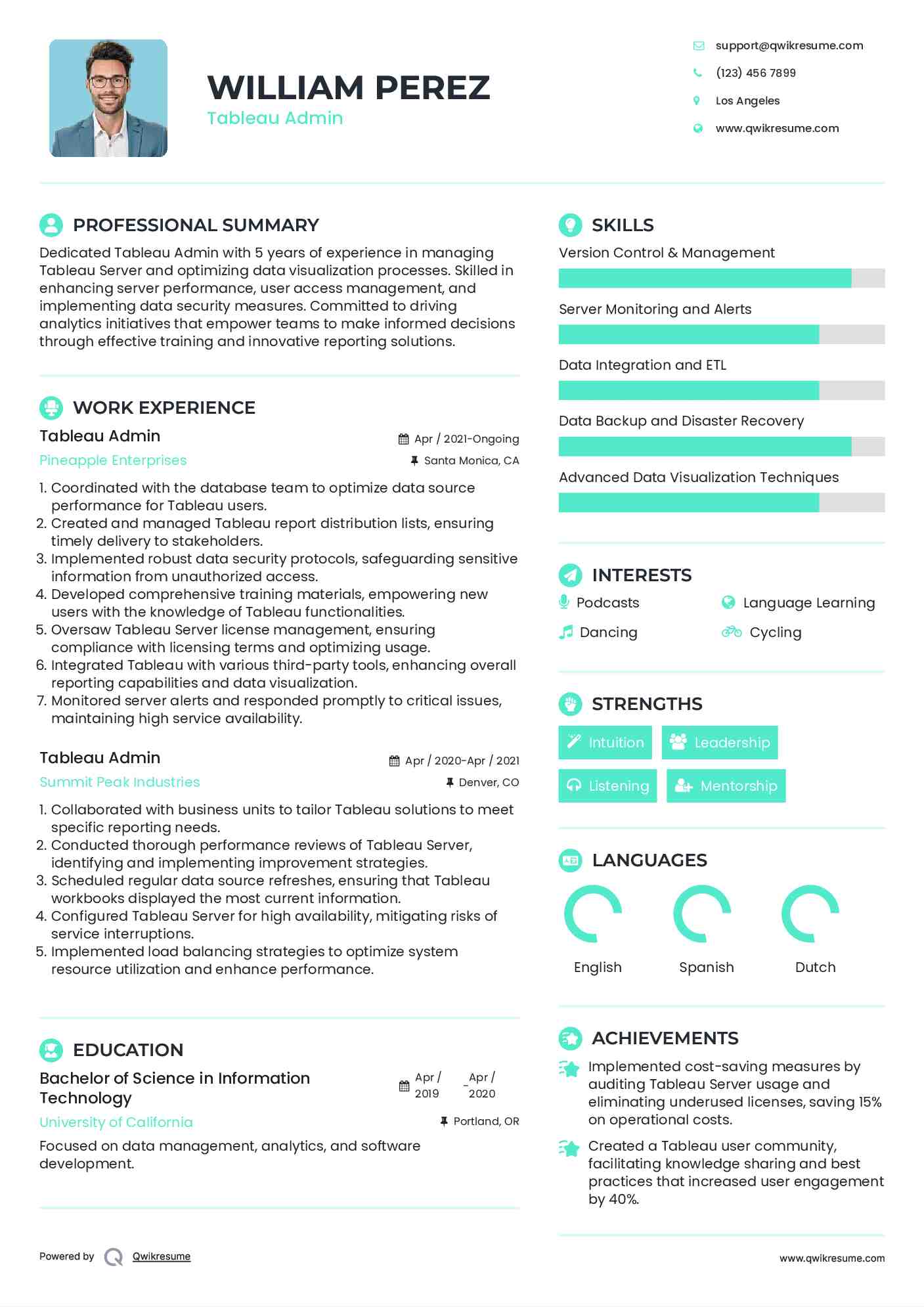 Tableau Admin Resume Sample