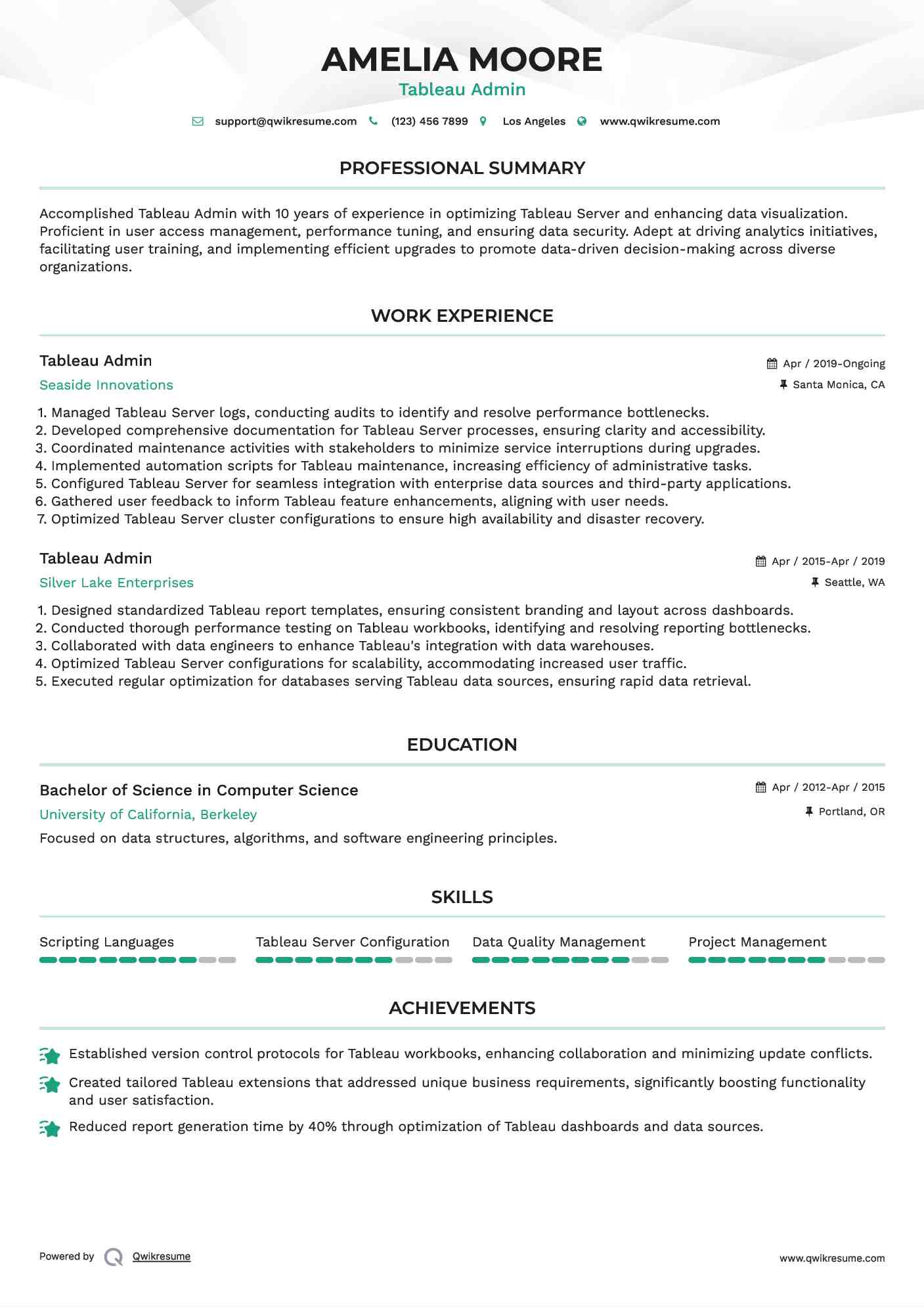 Tableau Admin Resume Model