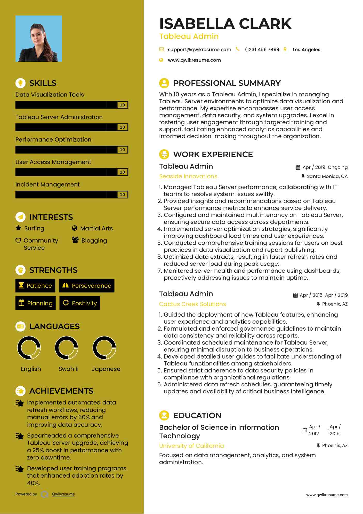 Tableau Admin Resume Format