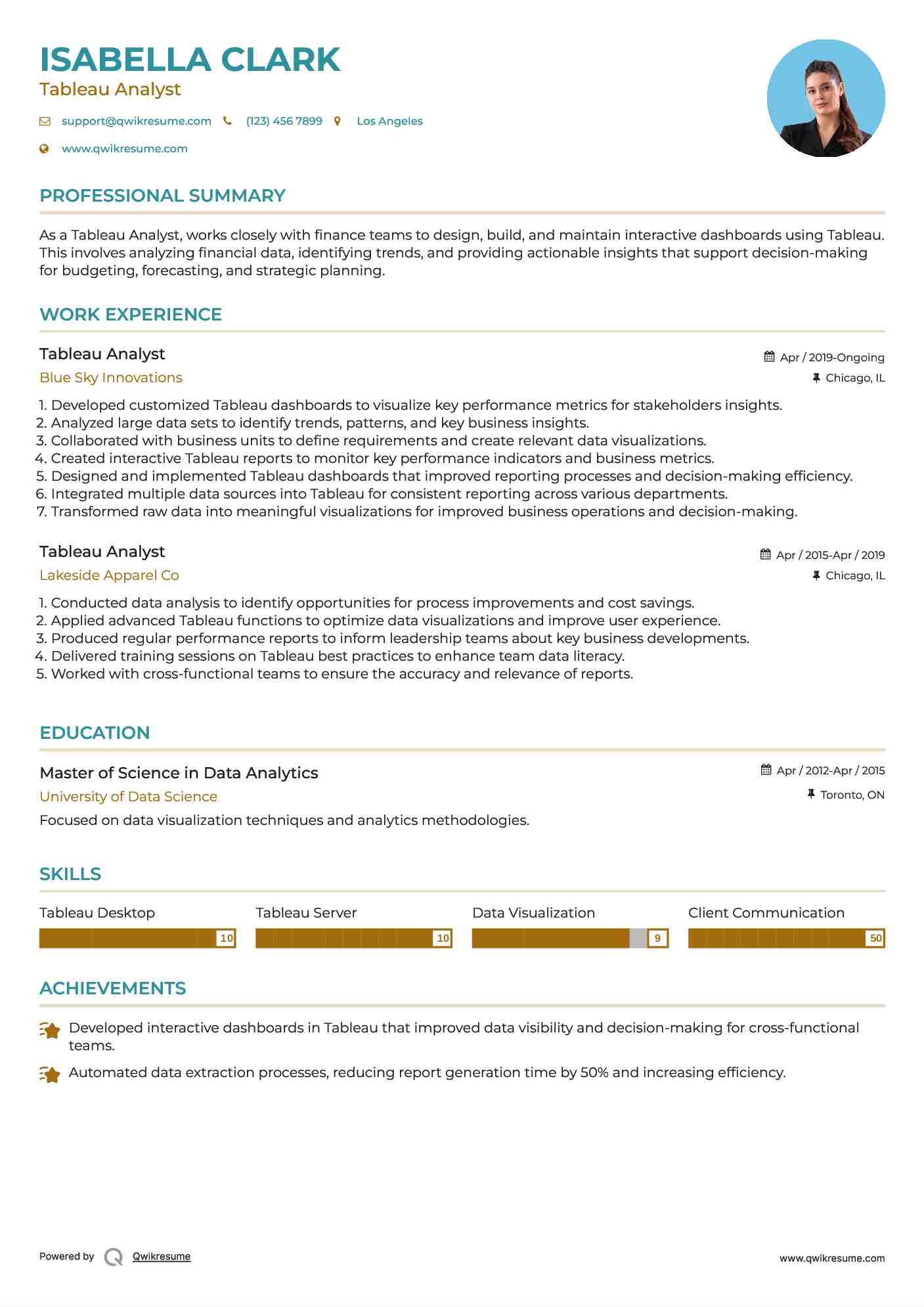 Tableau Analyst Resume Model