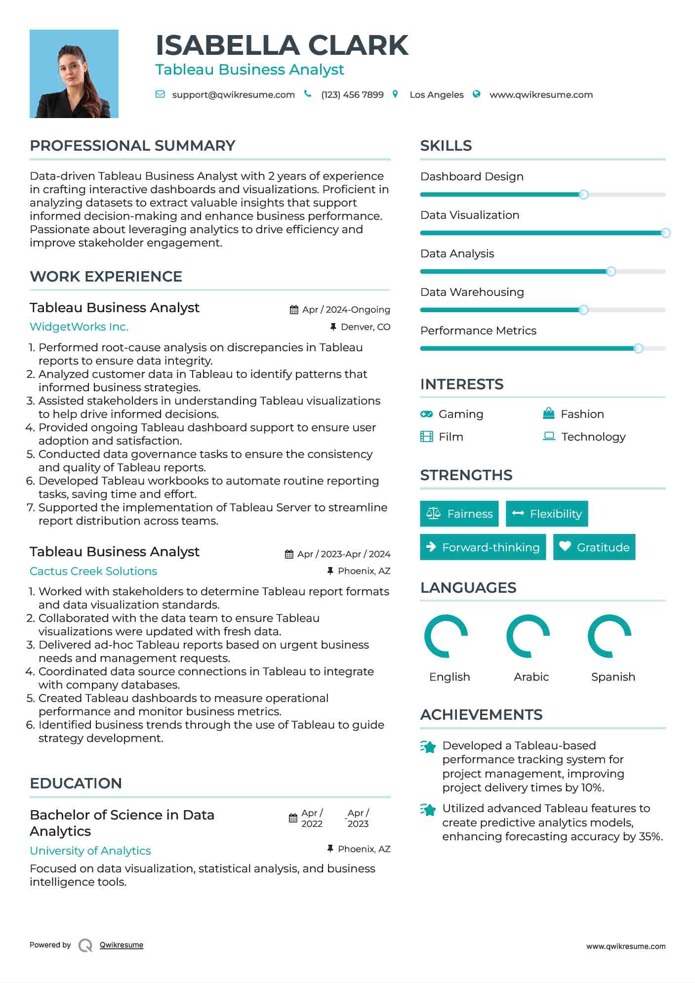 Tableau Business Analyst Resume Format