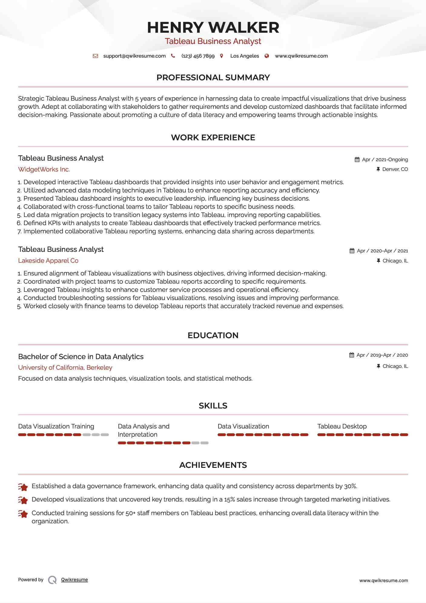 Tableau Business Analyst Resume Format