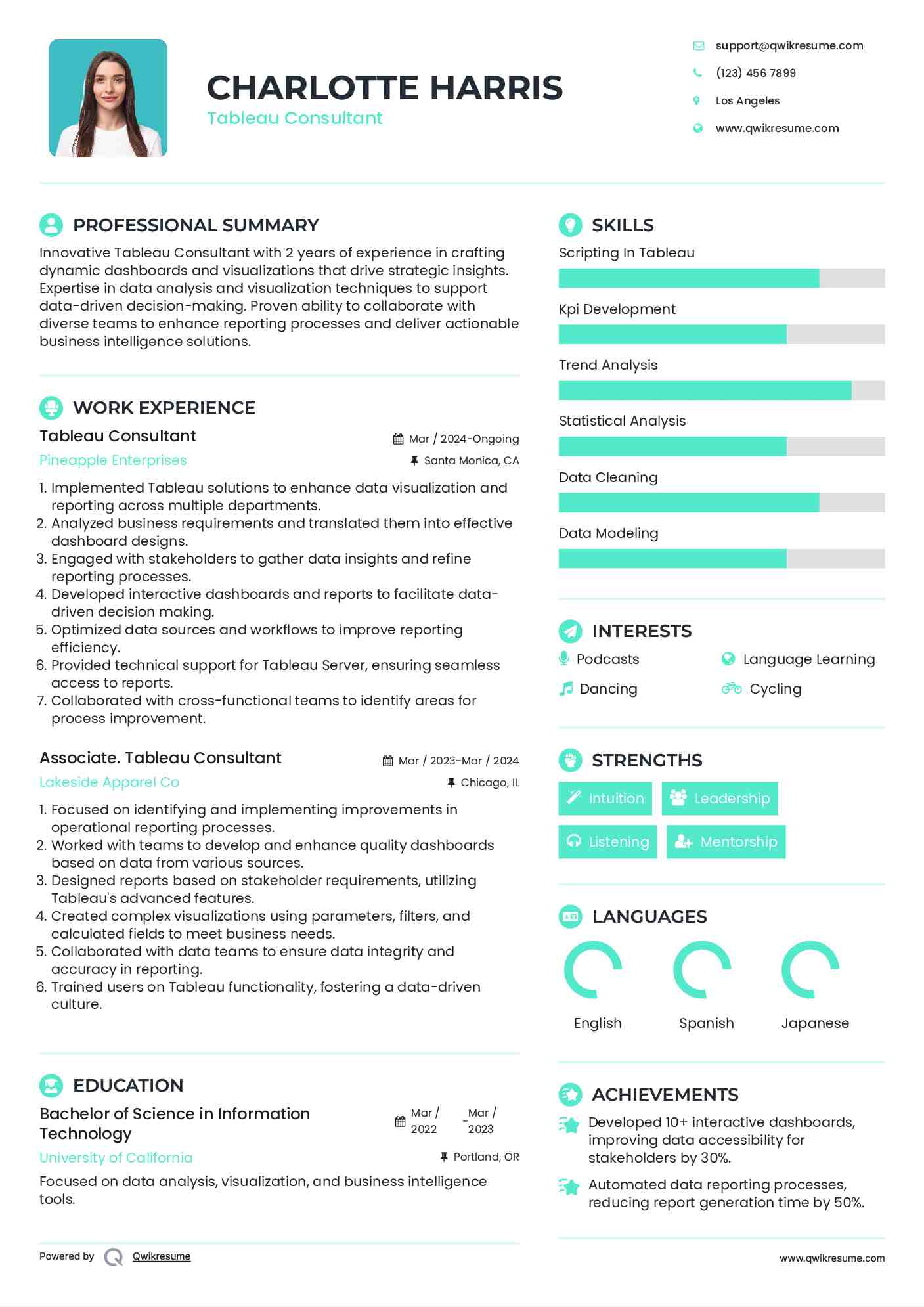 Tableau Consultant Resume Template