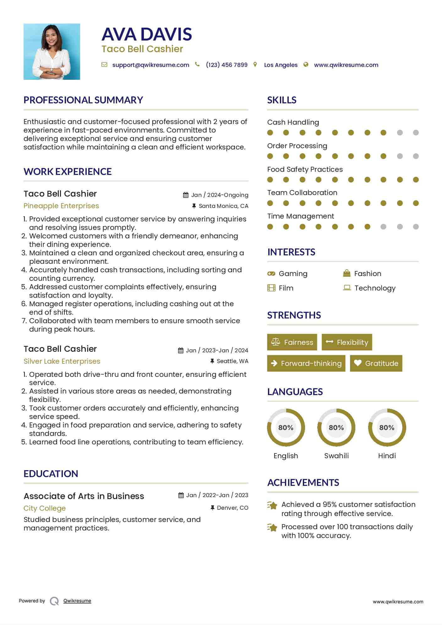 Taco Bell Cashier Resume Example