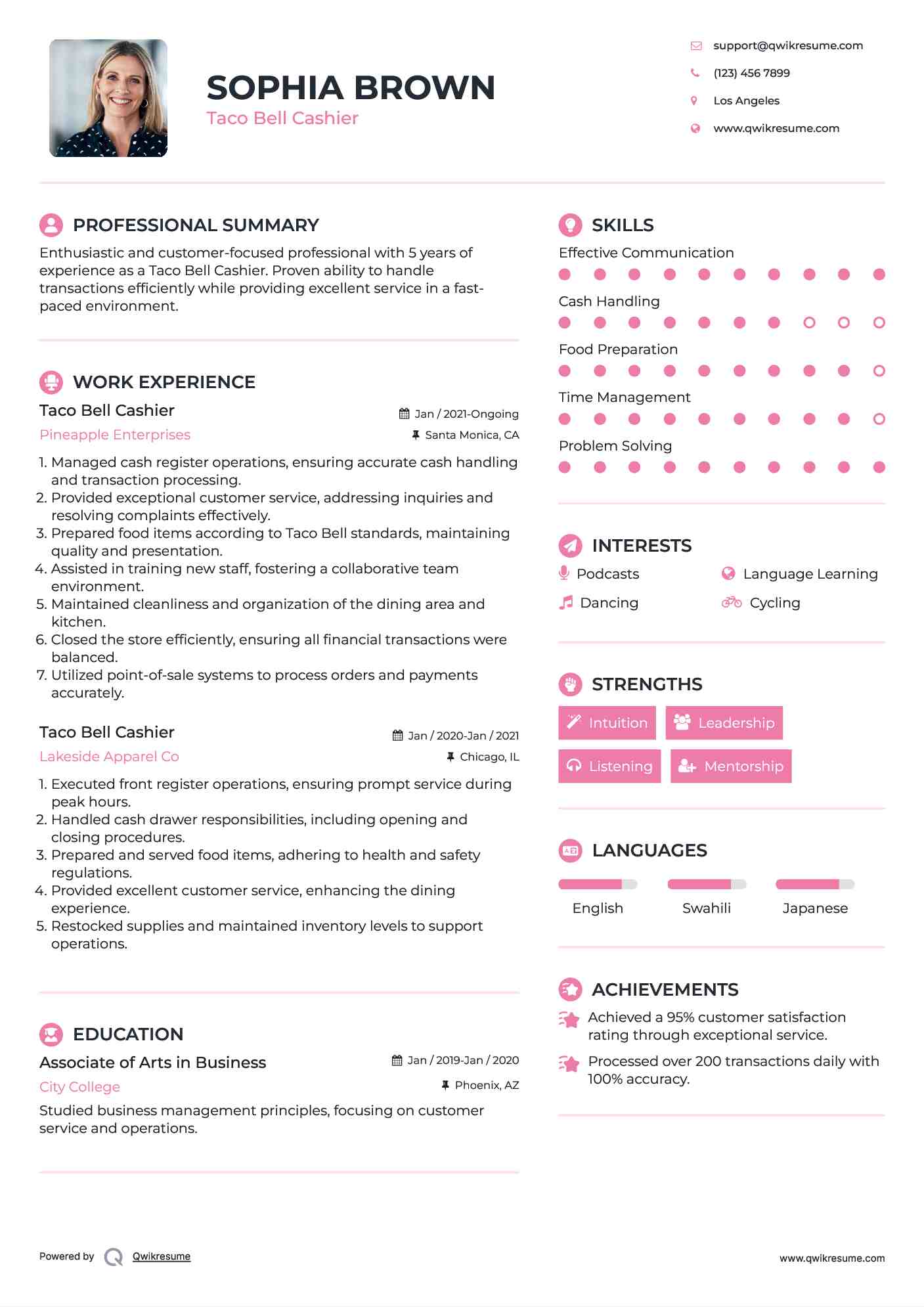 Taco Bell Cashier Resume Sample