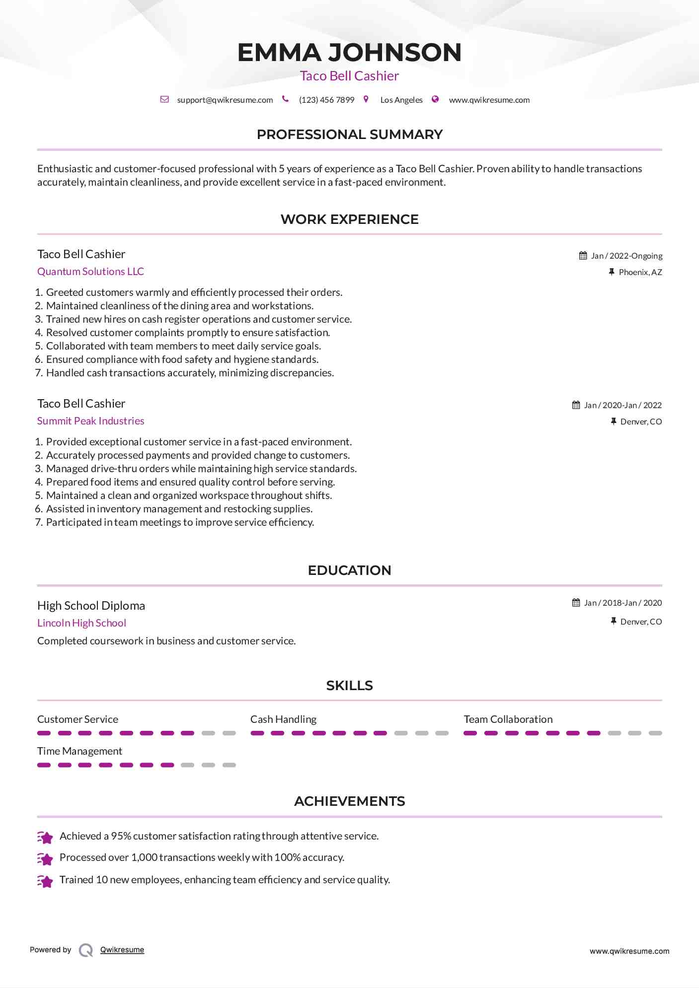 Taco Bell Cashier Resume Model