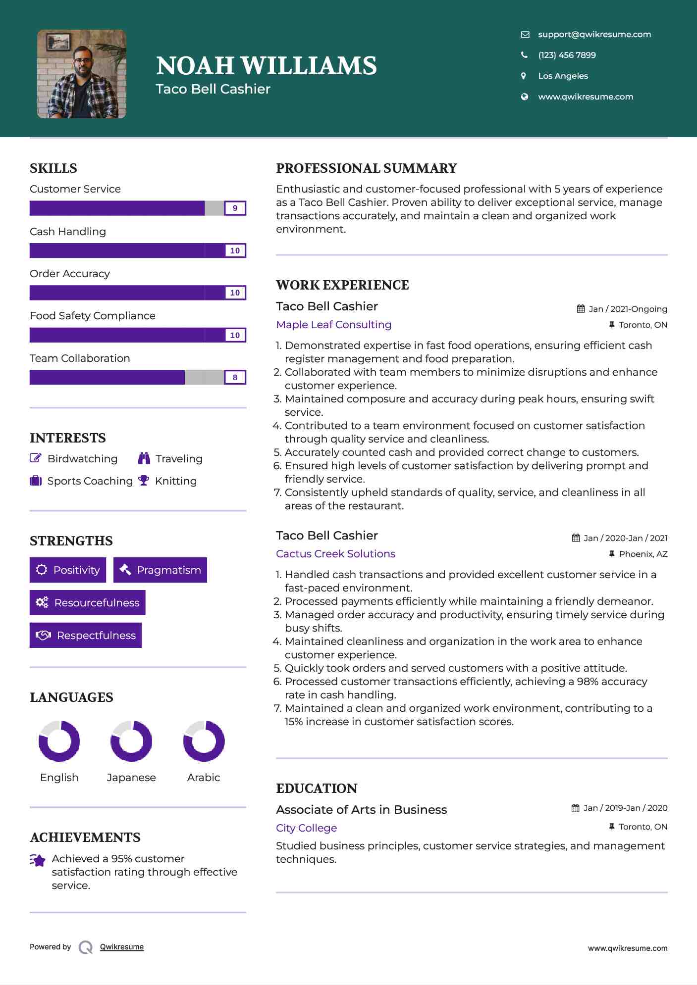 Taco Bell Cashier Resume Example